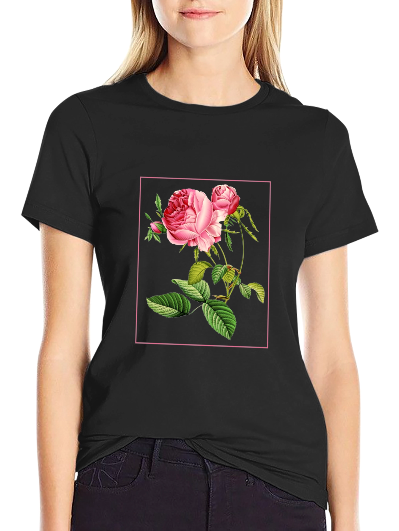 Floral Rose Graphic Print Black T-Shirt