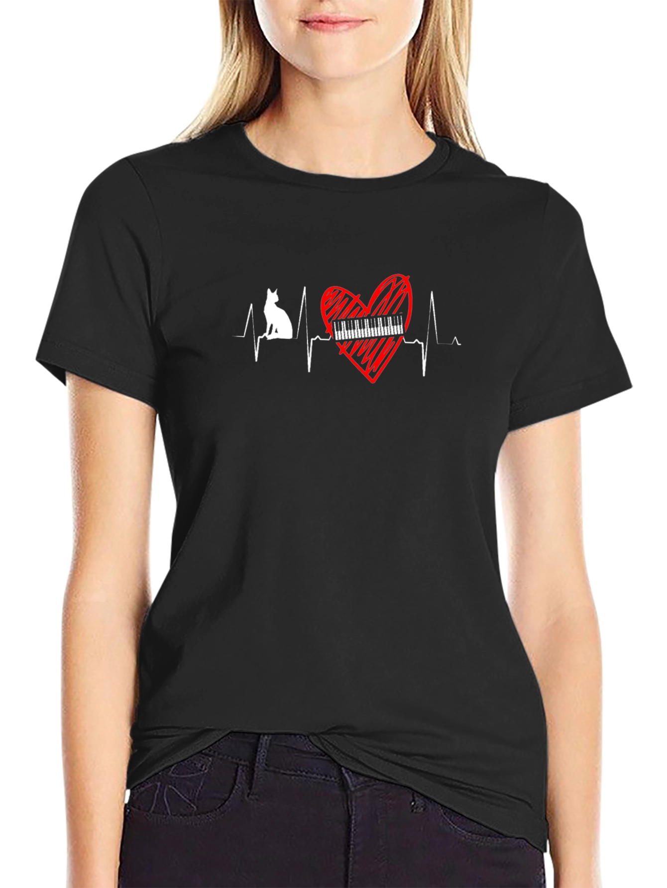 Cat Piano Heartbeat T-Shirt - Music Lover Tee
