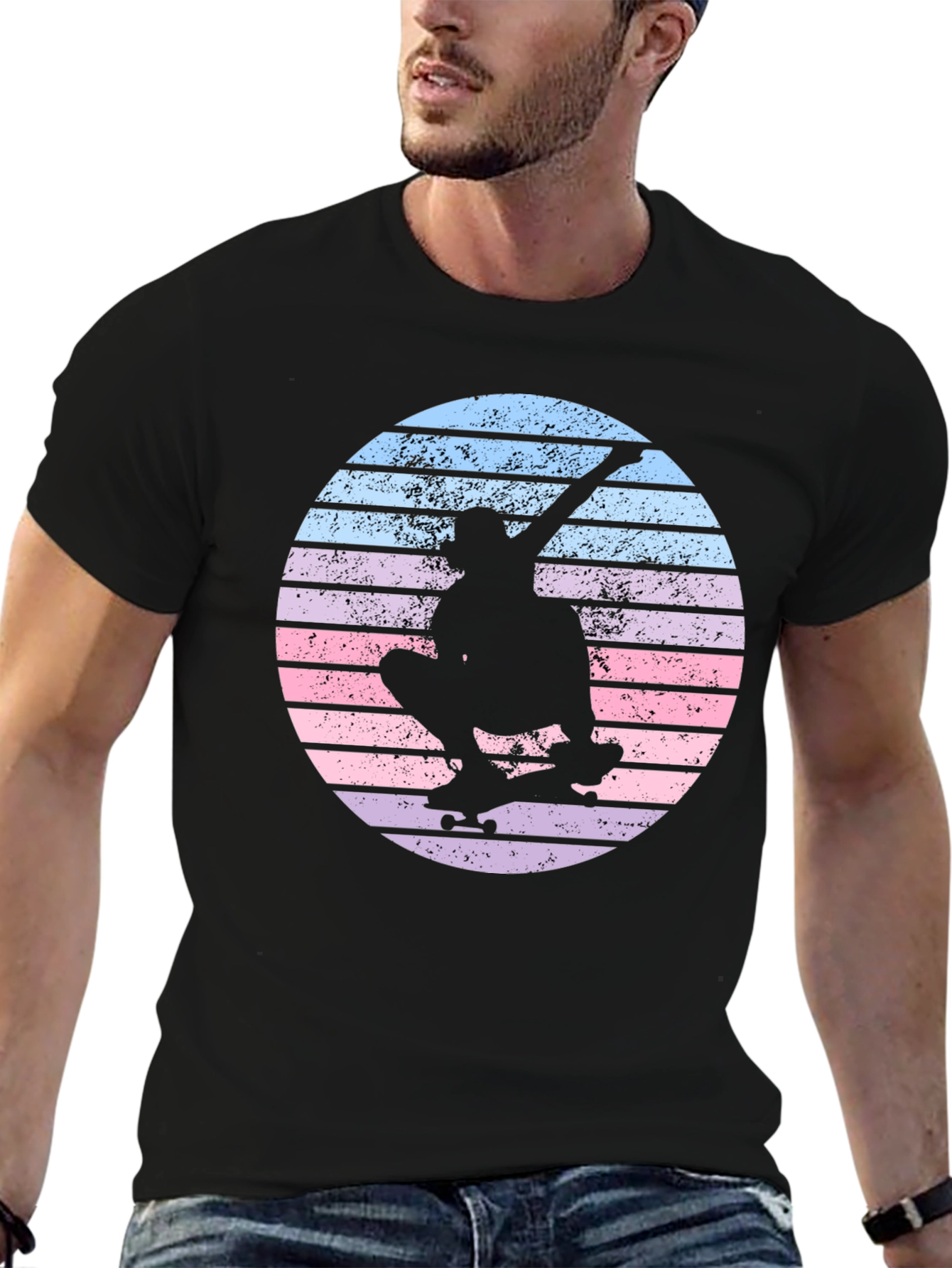 Skateboard Silhouette Tee - Retro Sunset Design