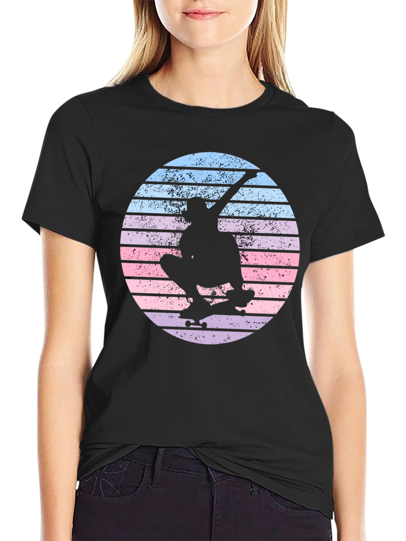 Skateboard Silhouette Tee - Retro Sunset Design