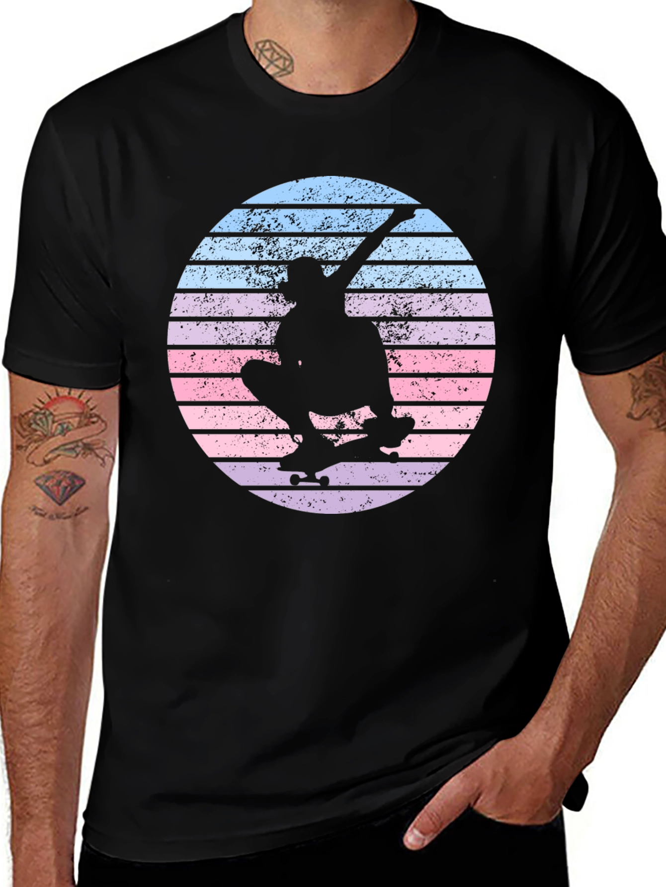 Skateboard Silhouette Tee - Retro Sunset Design
