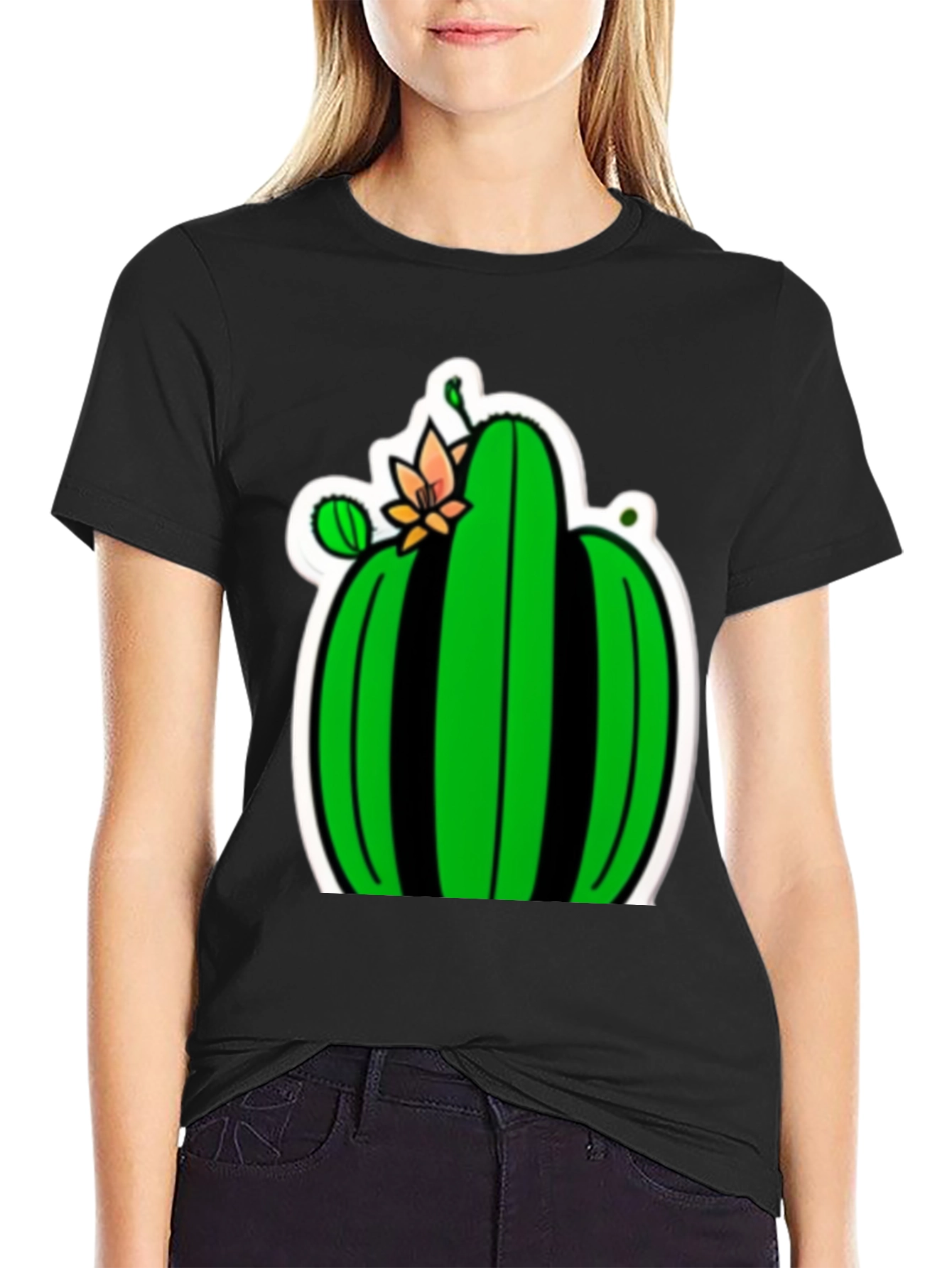 Cactus Flower Graphic Tee - Black Cotton T-Shirt