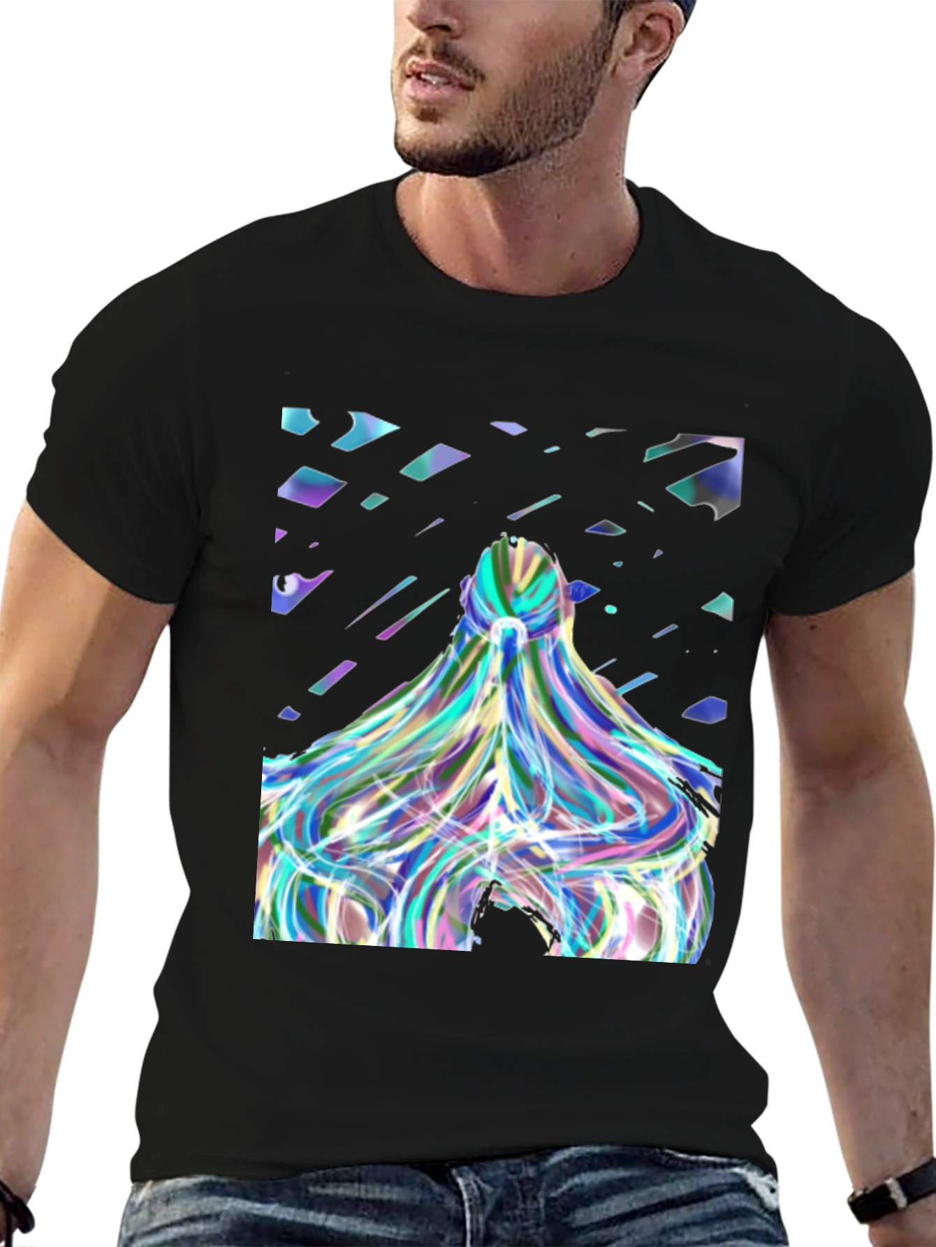 Abstract Prism Hair Graphic Black T-Shirt