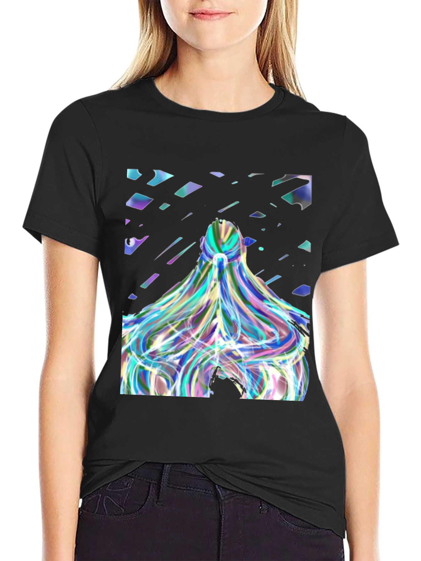 Abstract Prism Hair Graphic Black T-Shirt