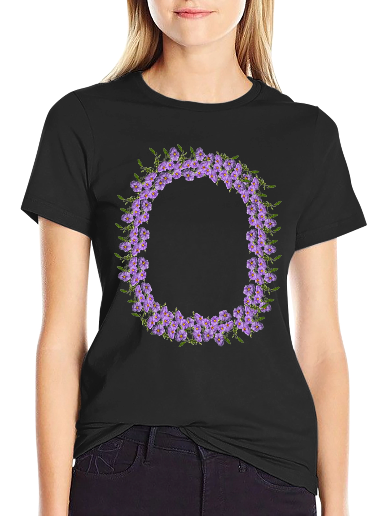 Floral O Wreath Black T-Shirt