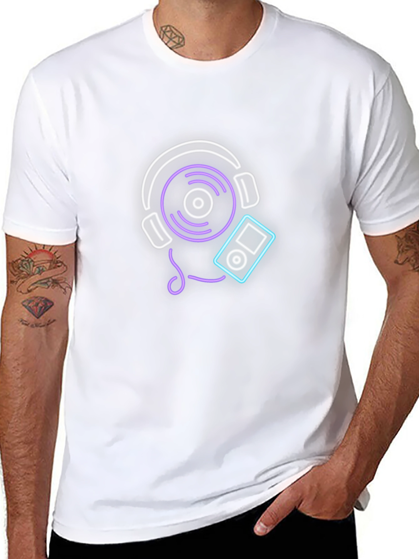 Neon Music Graphic Tee - Black Cotton Casual