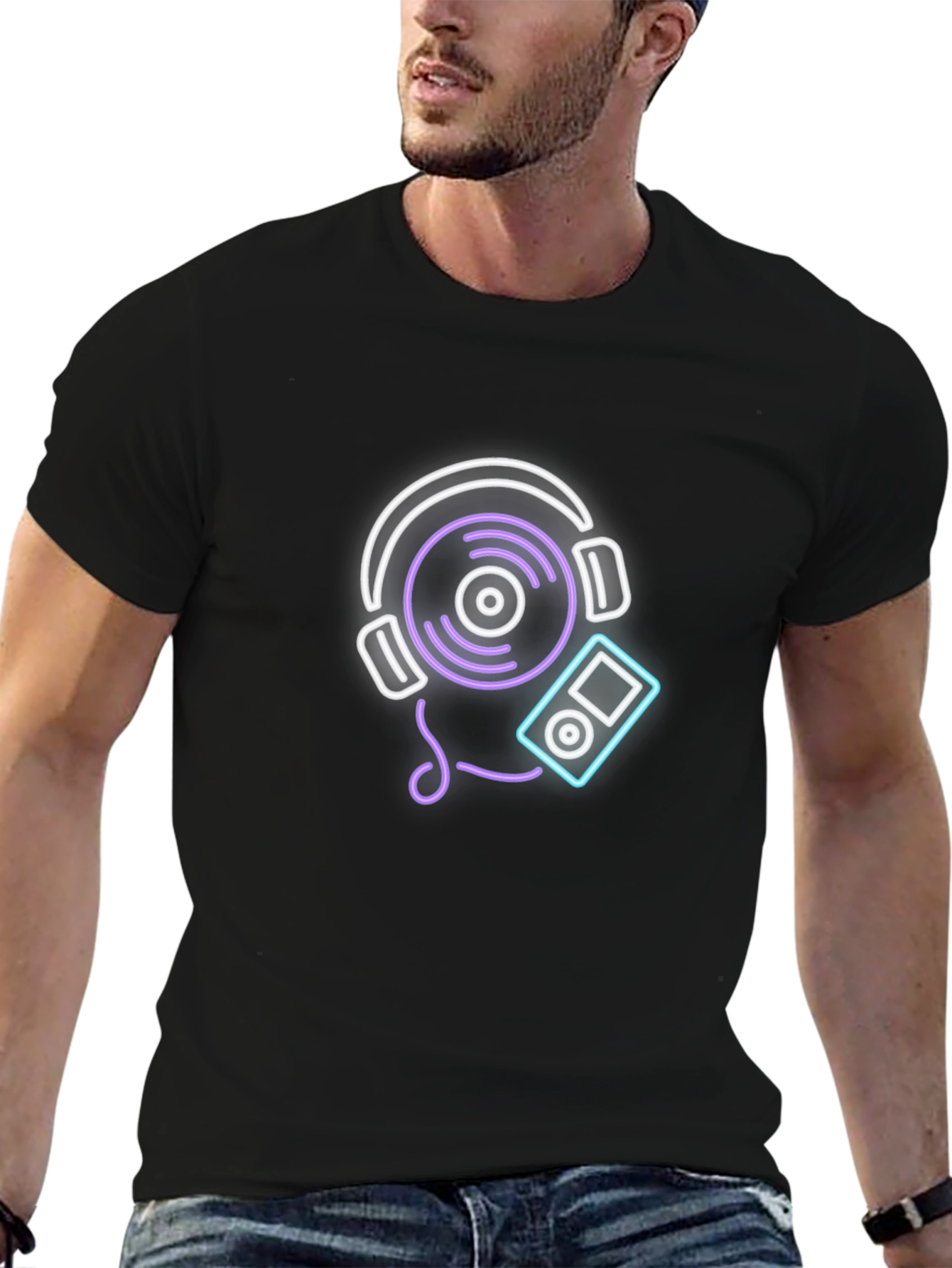 Neon Music Graphic Tee - Black Cotton Casual