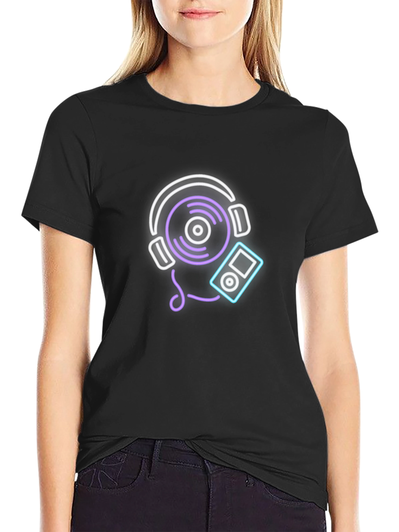 Neon Music Graphic Tee - Black Cotton Casual
