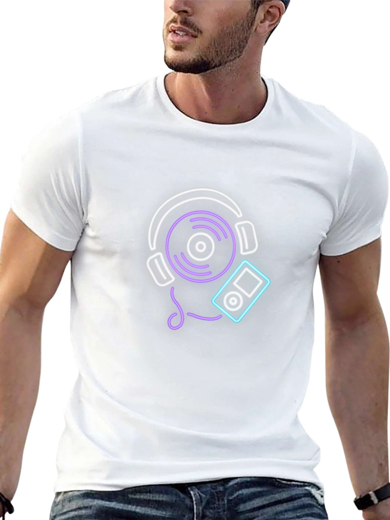 Neon Music Graphic Tee - Black Cotton Casual