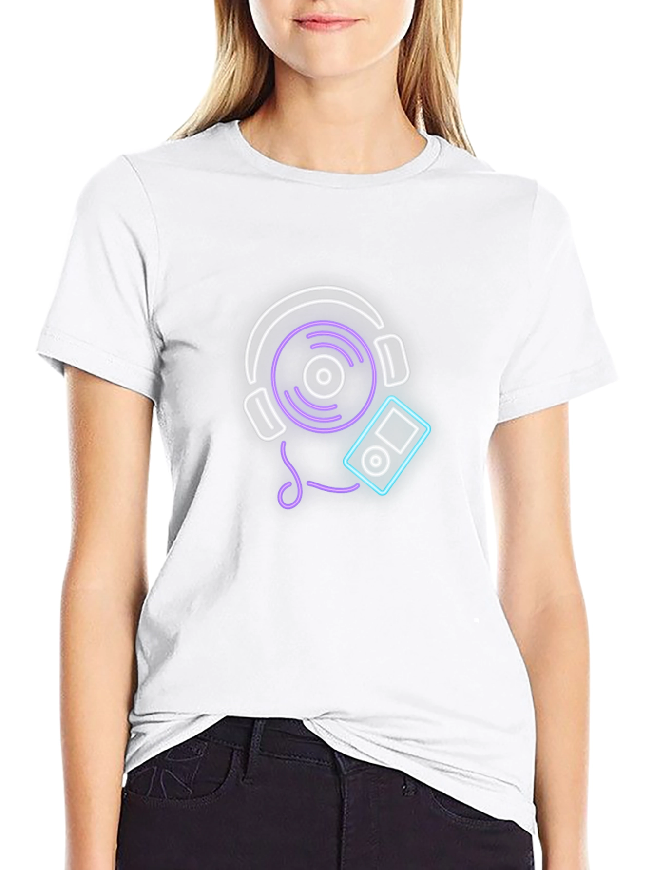 Neon Music Graphic Tee - Black Cotton Casual