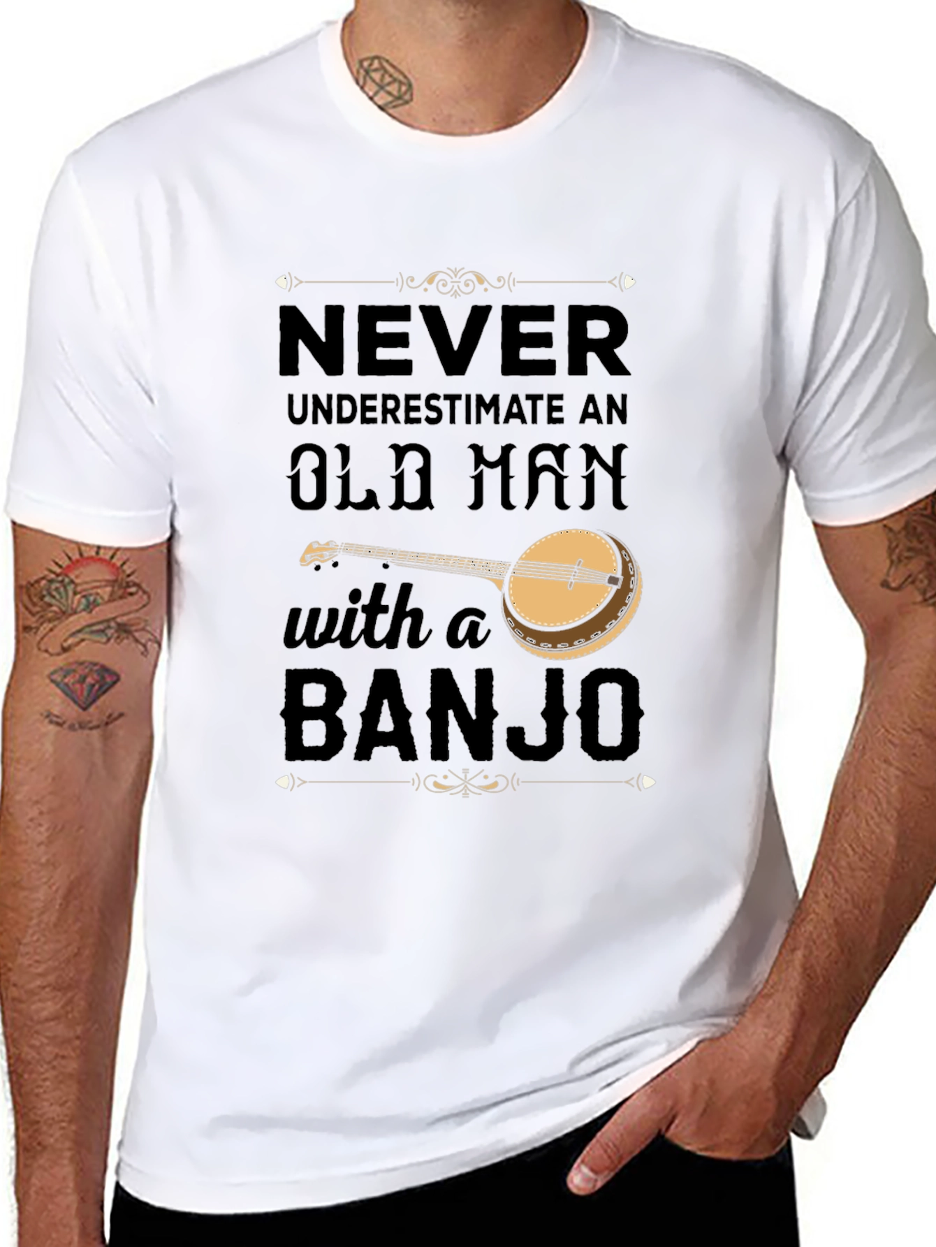 Never Underestimate Old Man with Banjo T-Shirt