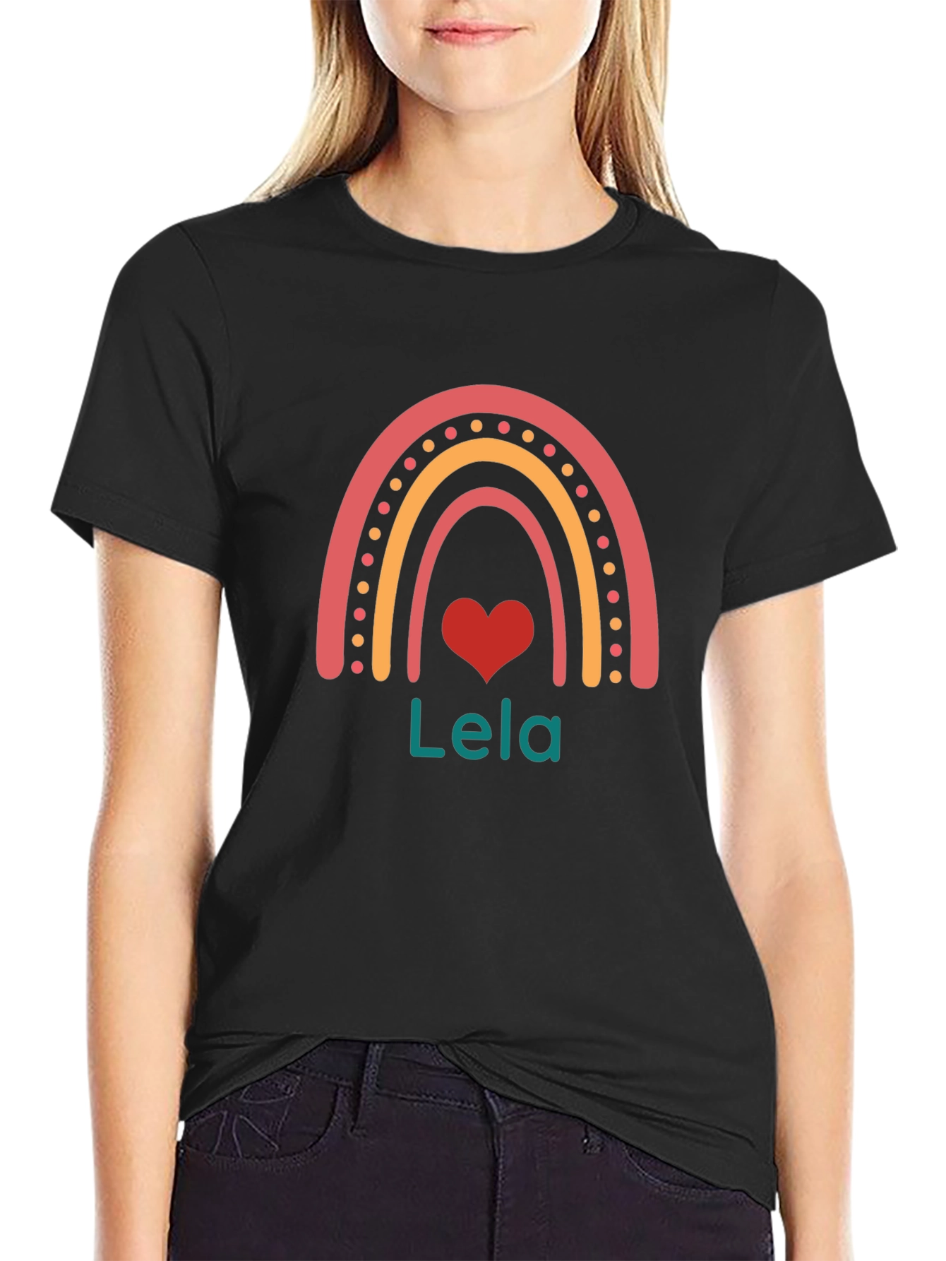 Lela Rainbow Heart Personalized Black T-Shirt