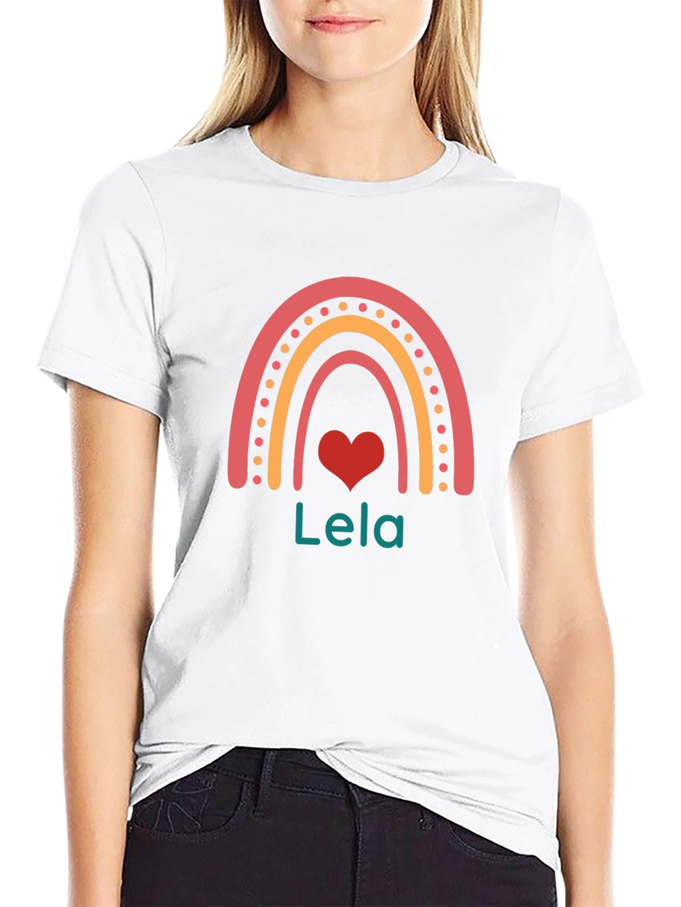 Lela Rainbow Heart Personalized Black T-Shirt
