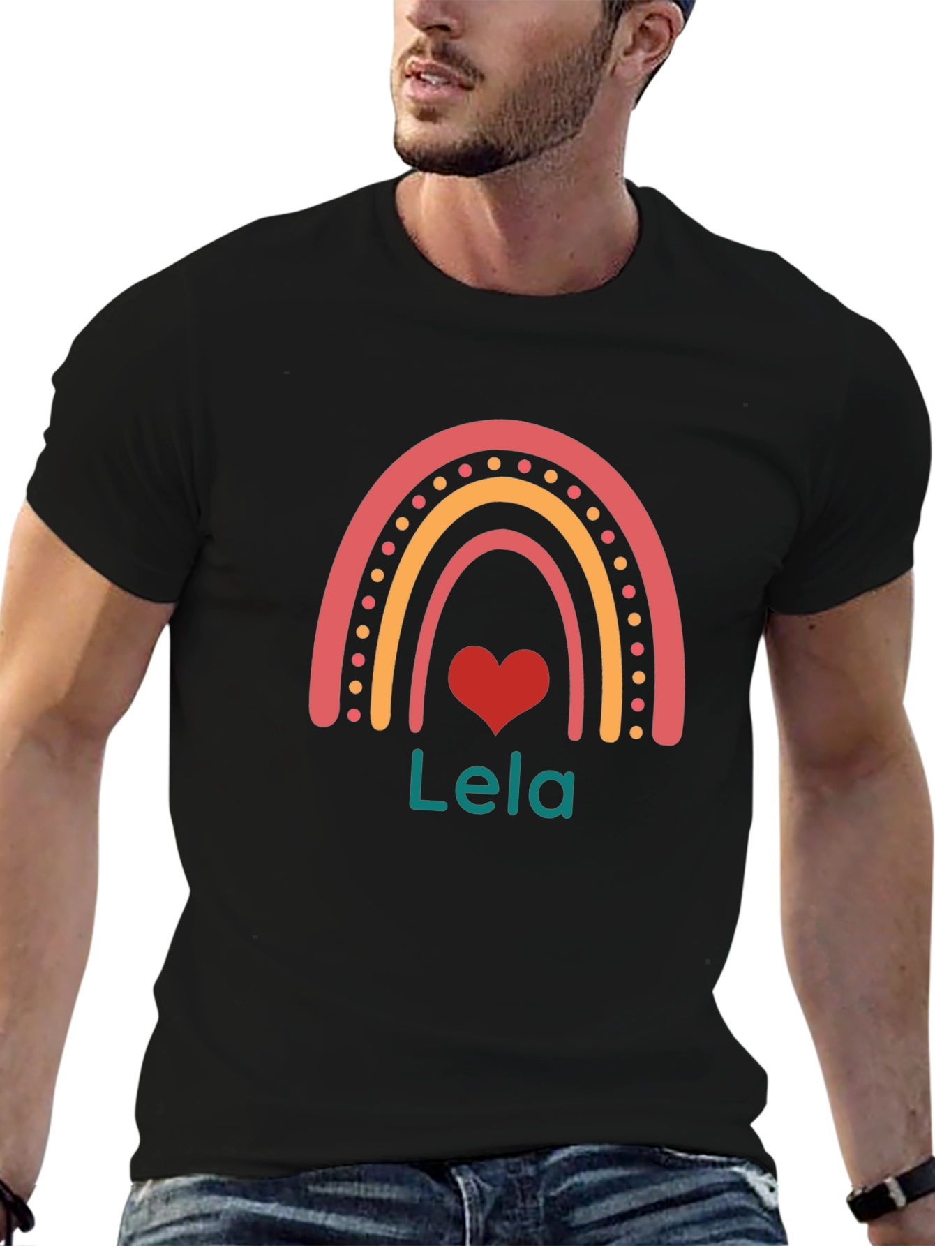 Lela Rainbow Heart Personalized Black T-Shirt