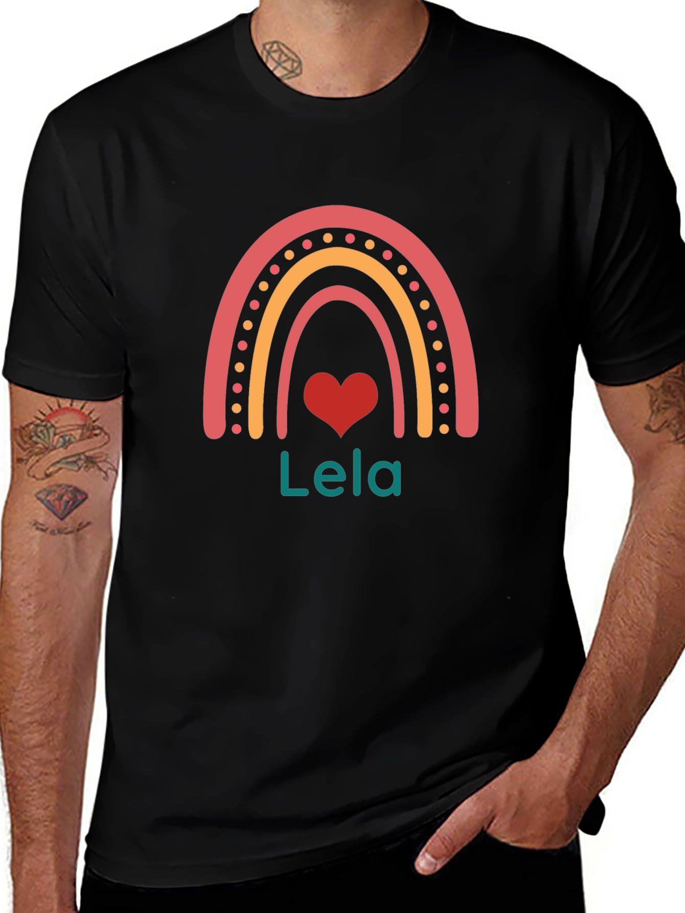 Lela Rainbow Heart Personalized Black T-Shirt