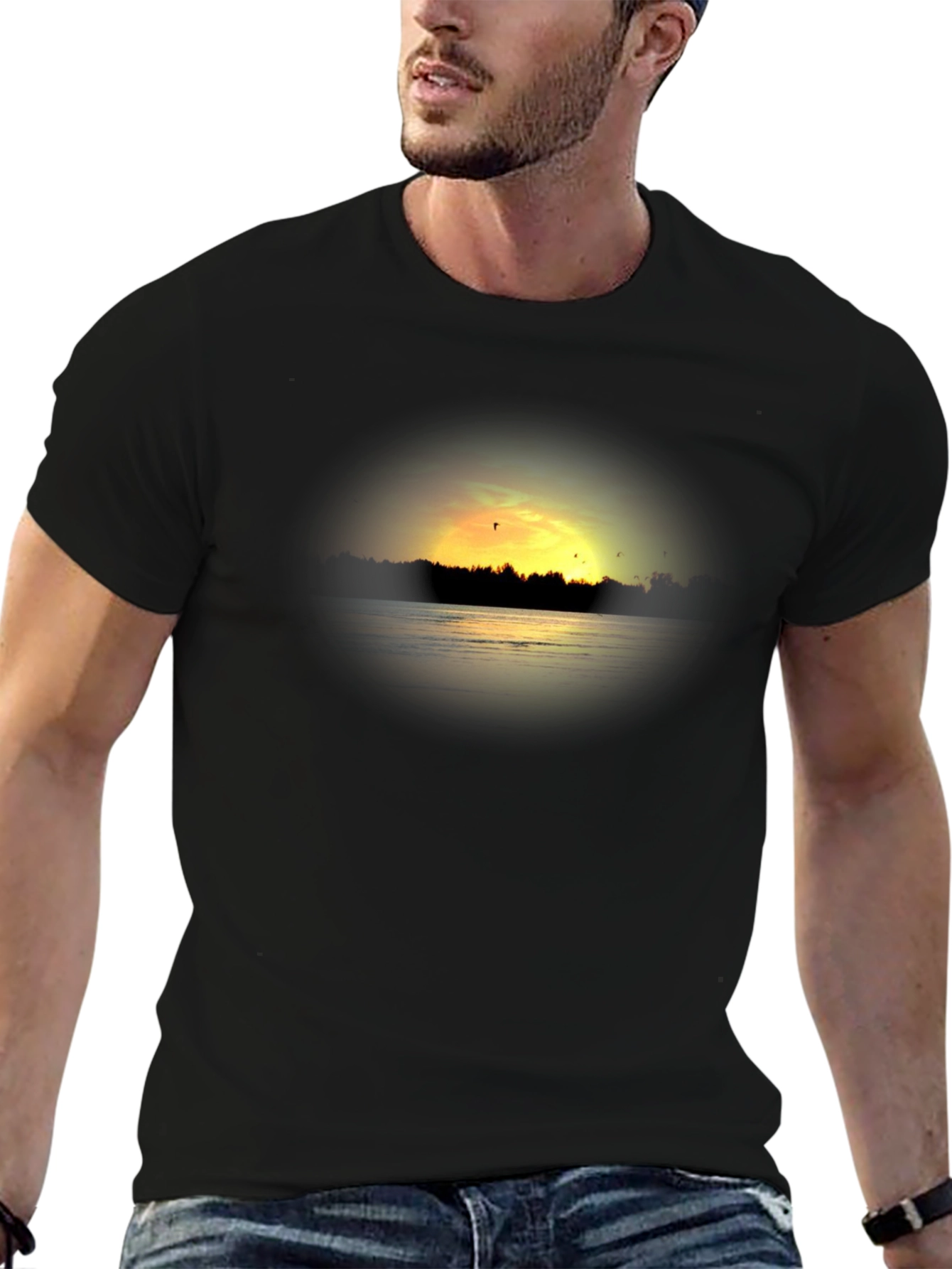 Sunset Lake Graphic Tee - Black Cotton T-Shirt