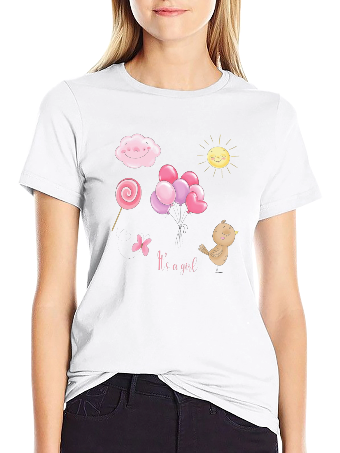 Its A Girl T-Shirt: Cloud Sun Lollipop Balloons Bird