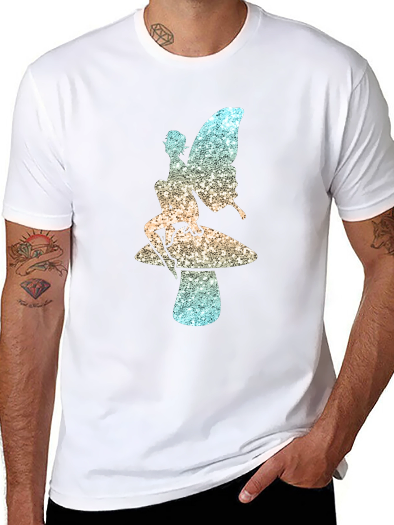 Fairy on Mushroom Black T-Shirt Unique Design
