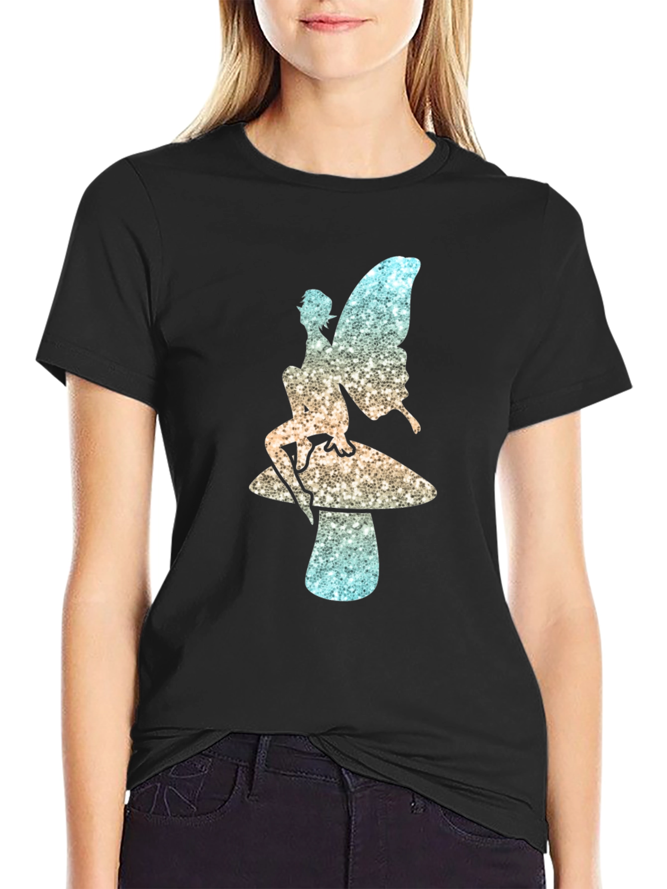 Fairy on Mushroom Black T-Shirt Unique Design
