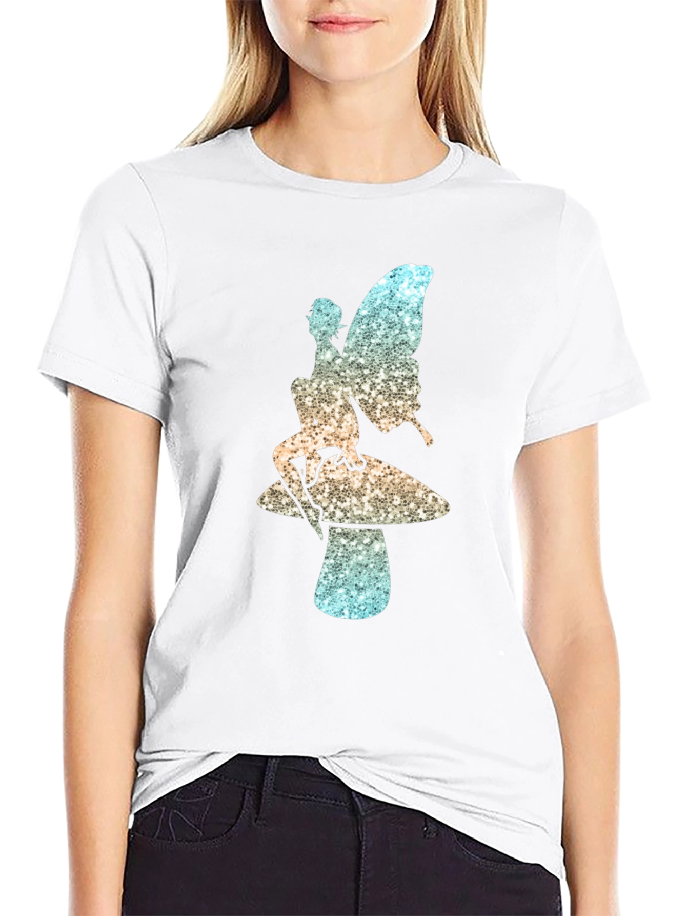 Fairy on Mushroom Black T-Shirt Unique Design