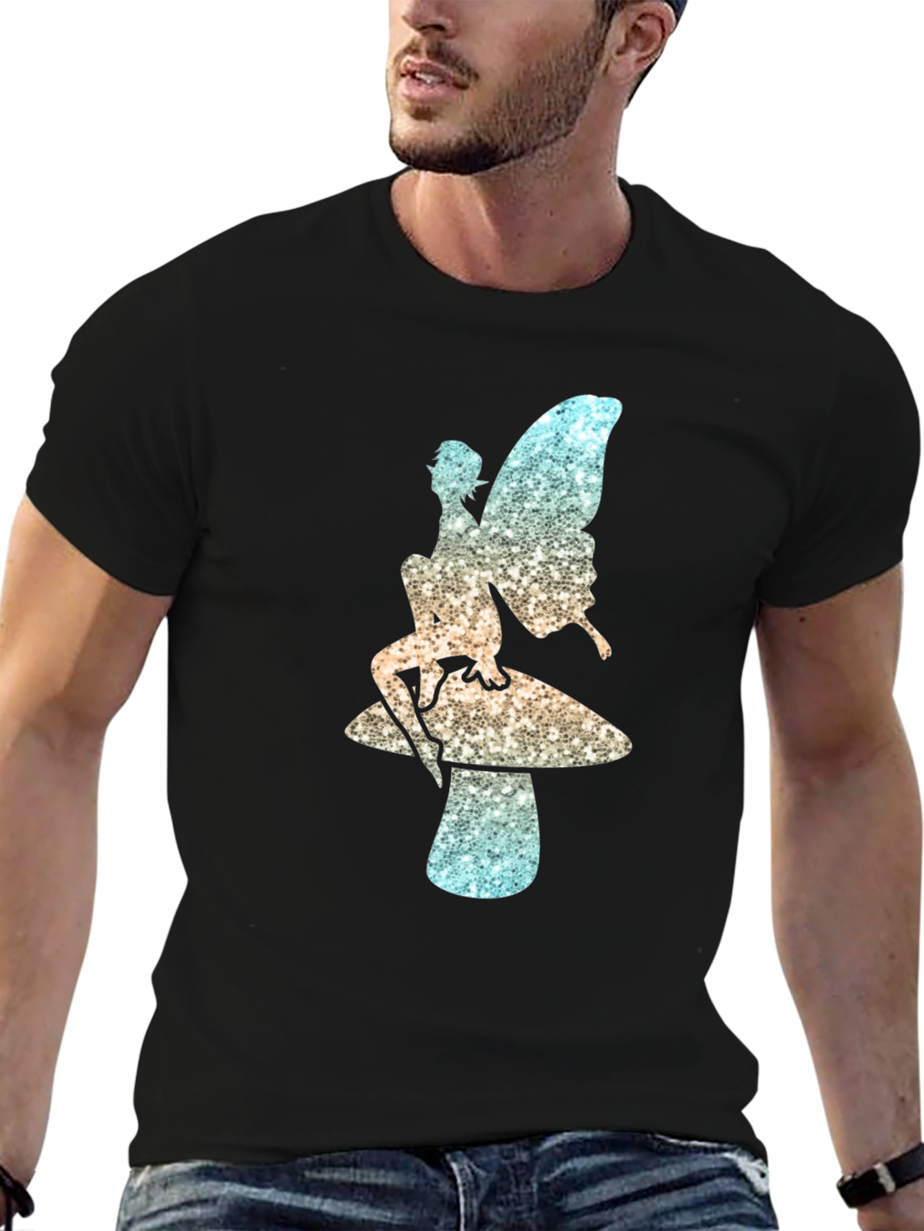 Fairy on Mushroom Black T-Shirt Unique Design