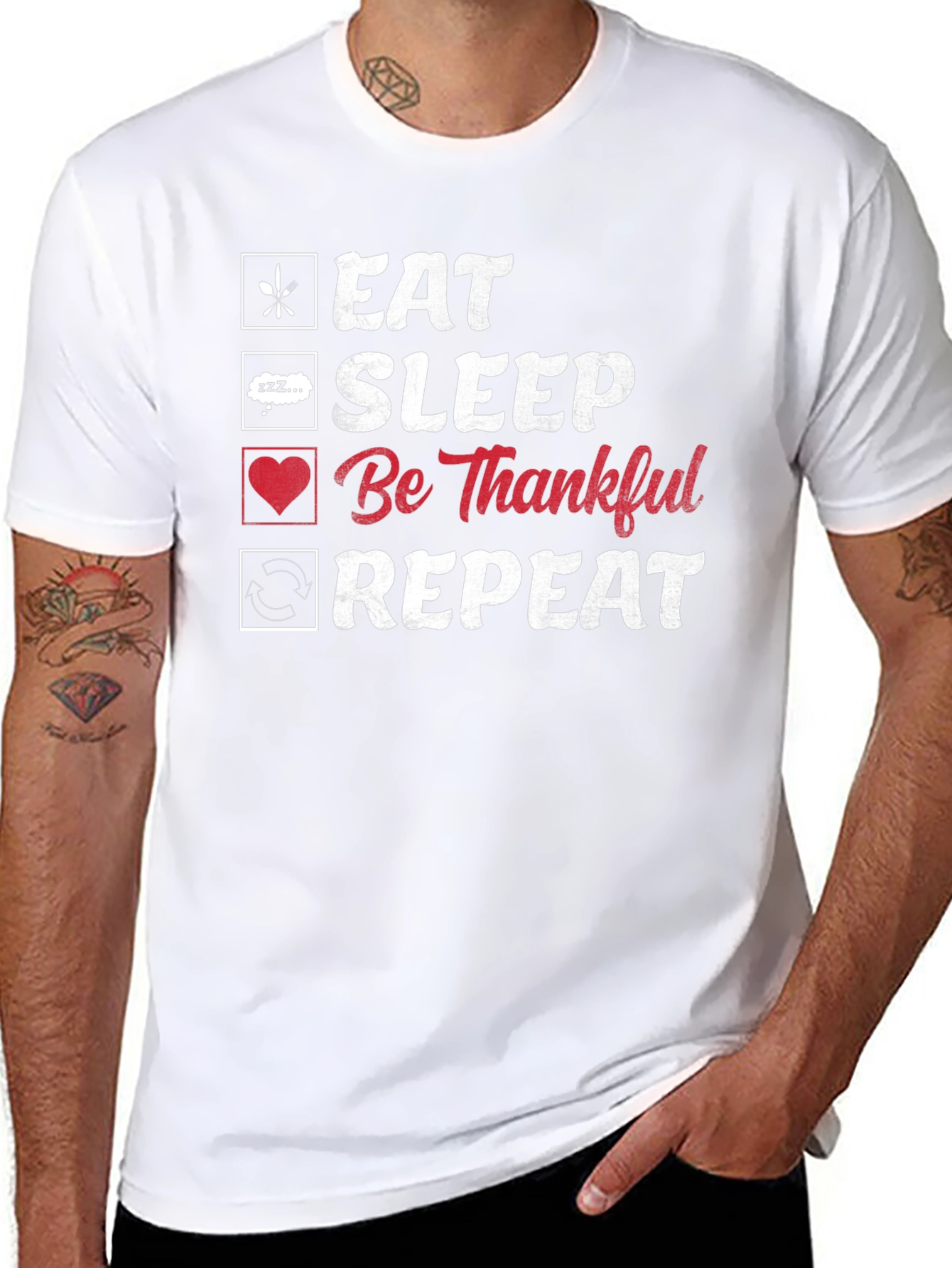 Eat Sleep Be Thankful Repeat Black Graphic T-Shirt