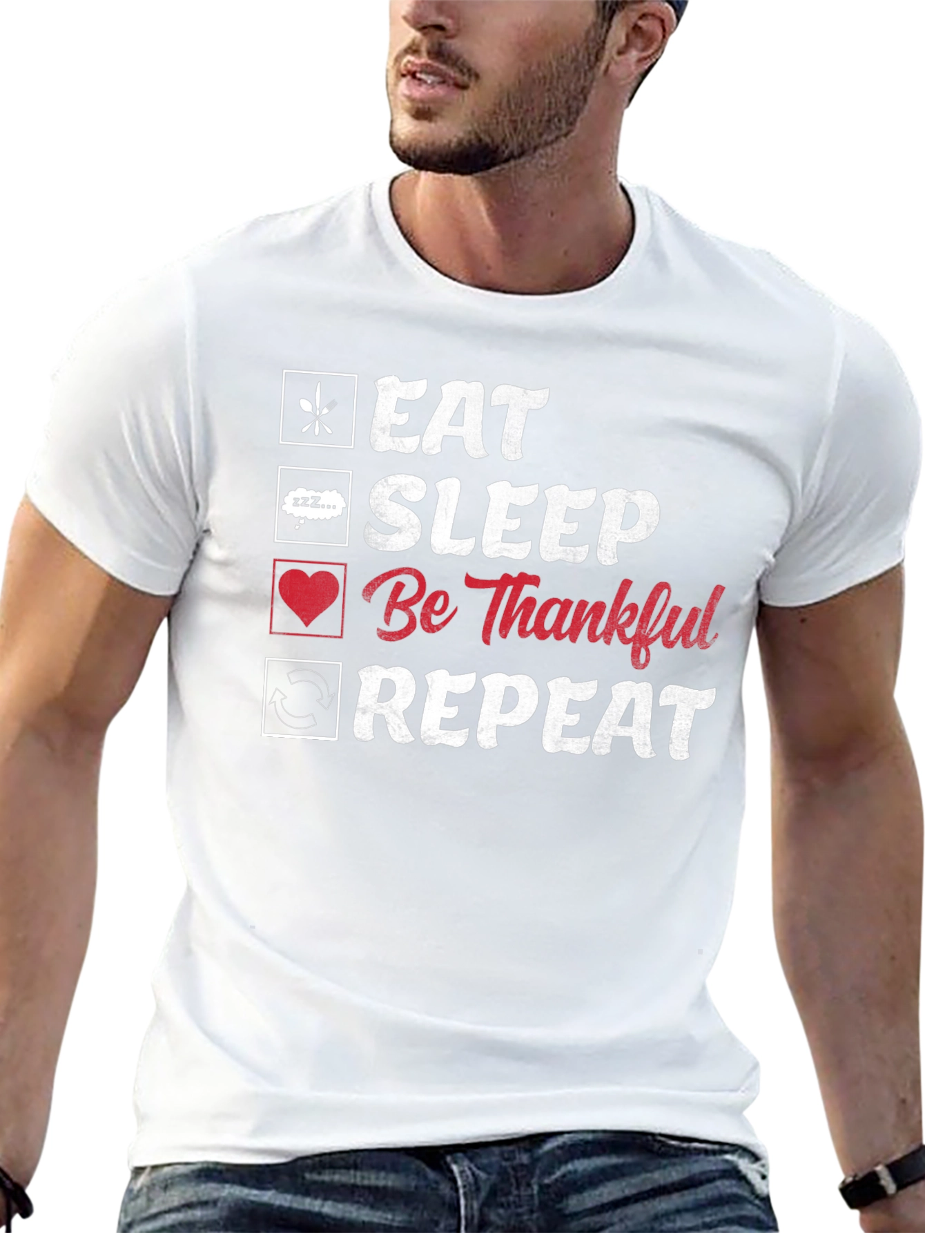 Eat Sleep Be Thankful Repeat Black Graphic T-Shirt
