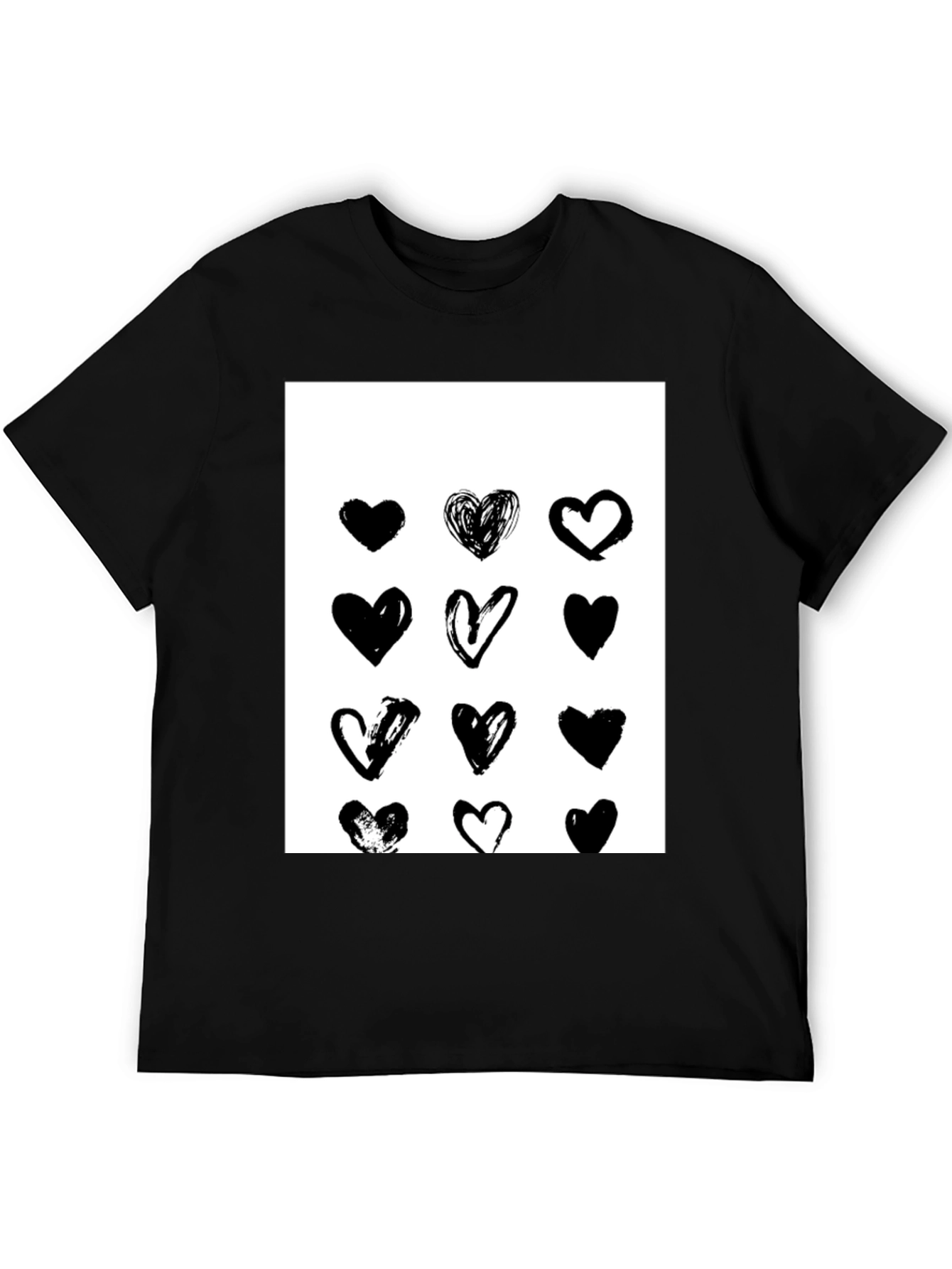 Heart Print Black Crew Neck T-Shirt