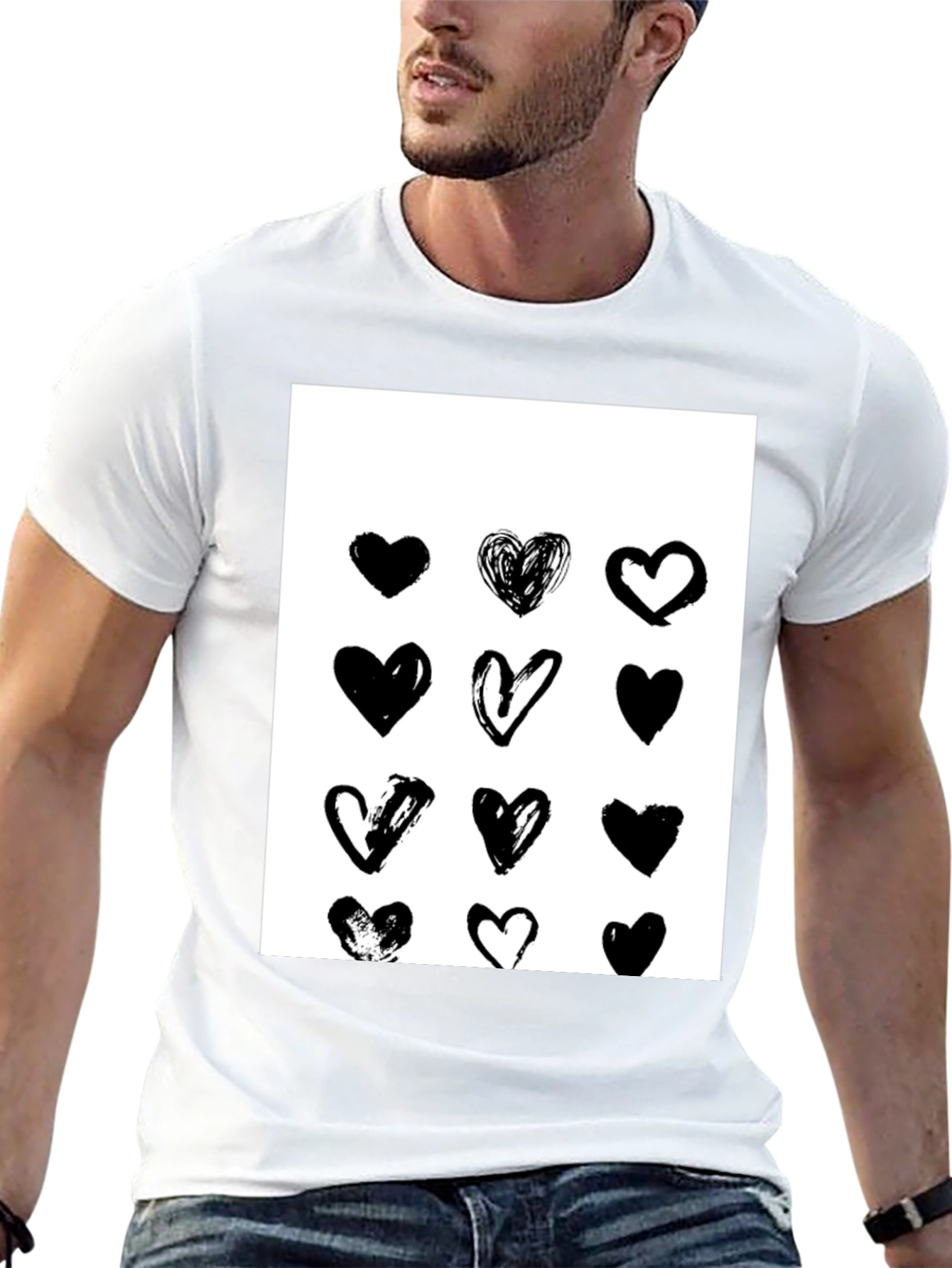 Heart Print Black Crew Neck T-Shirt
