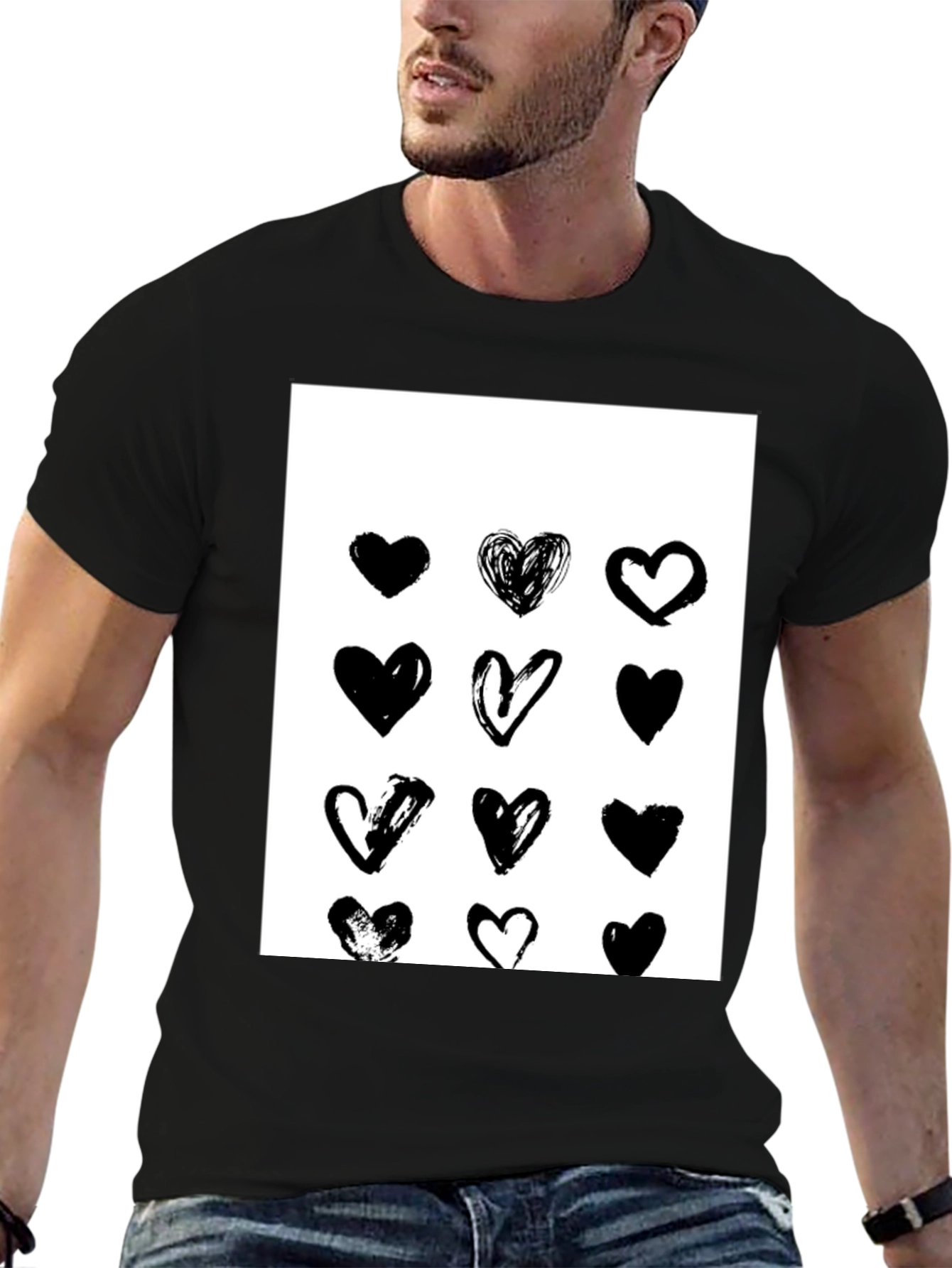 Heart Print Black Crew Neck T-Shirt