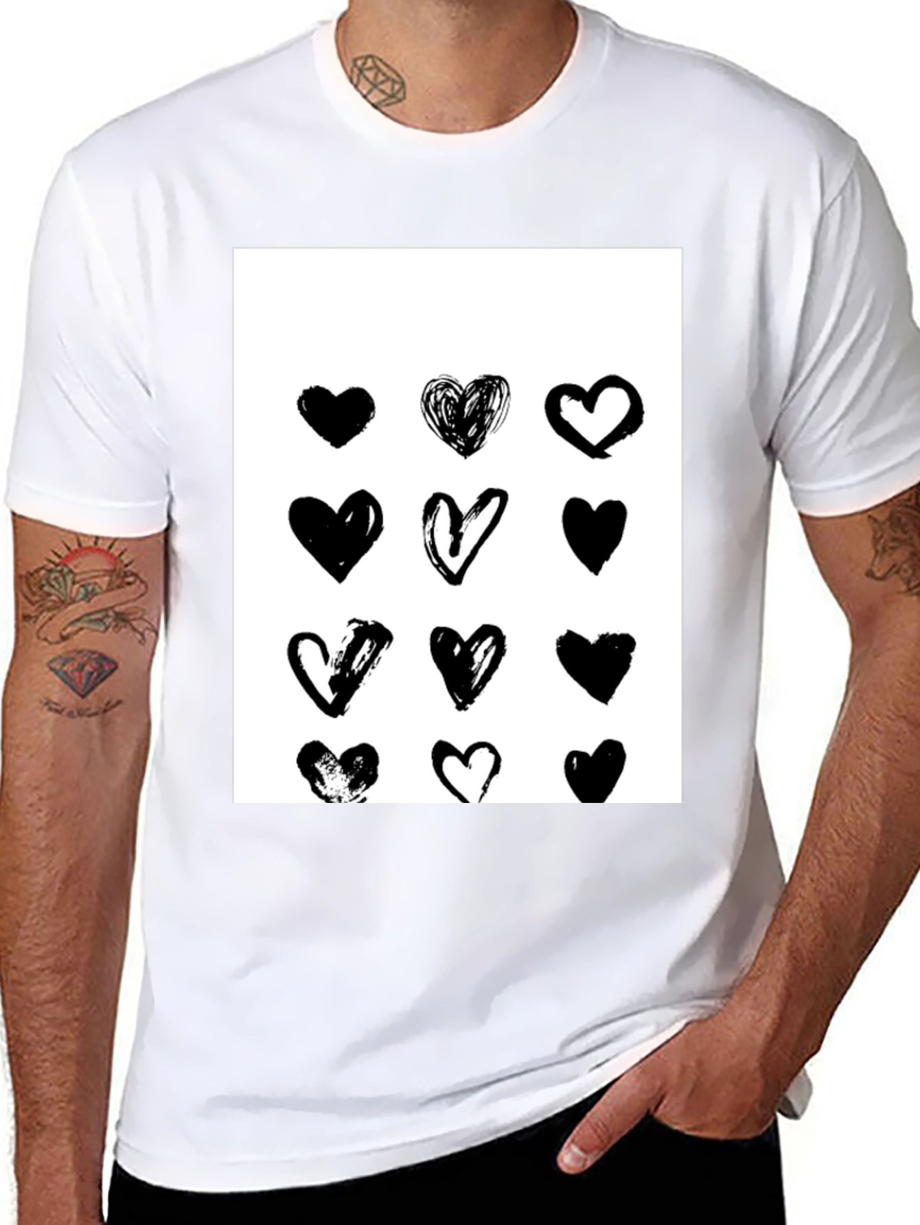 Heart Print Black Crew Neck T-Shirt