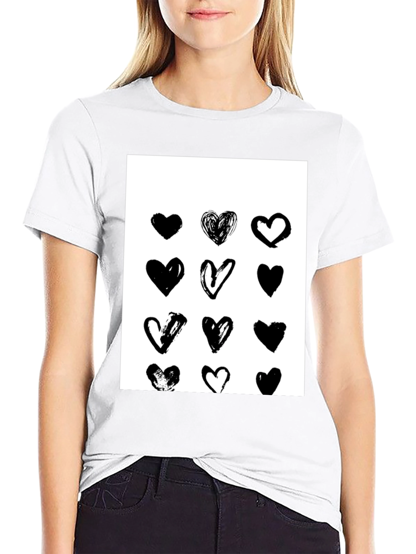 Heart Print Black Crew Neck T-Shirt
