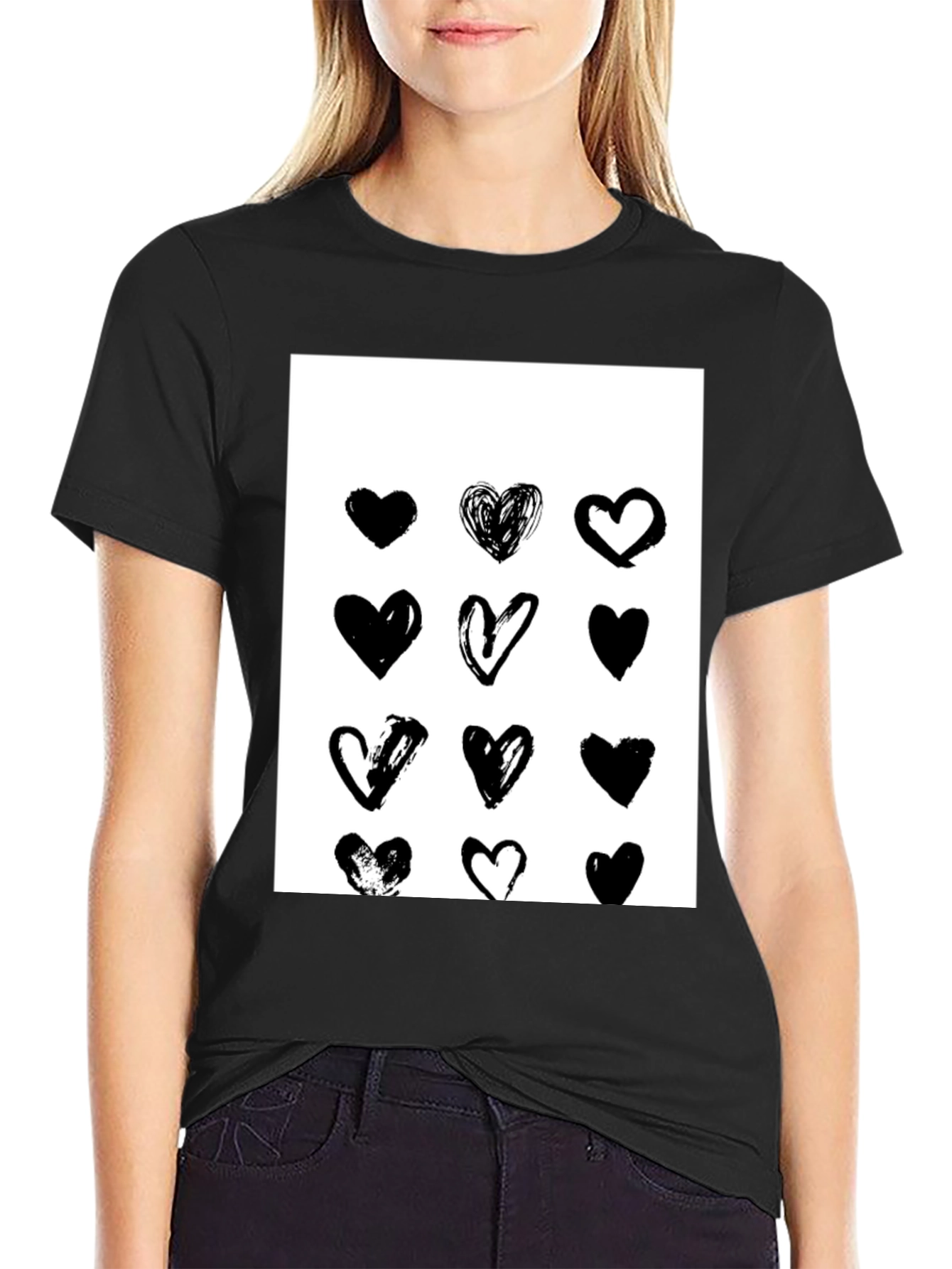 Heart Print Black Crew Neck T-Shirt