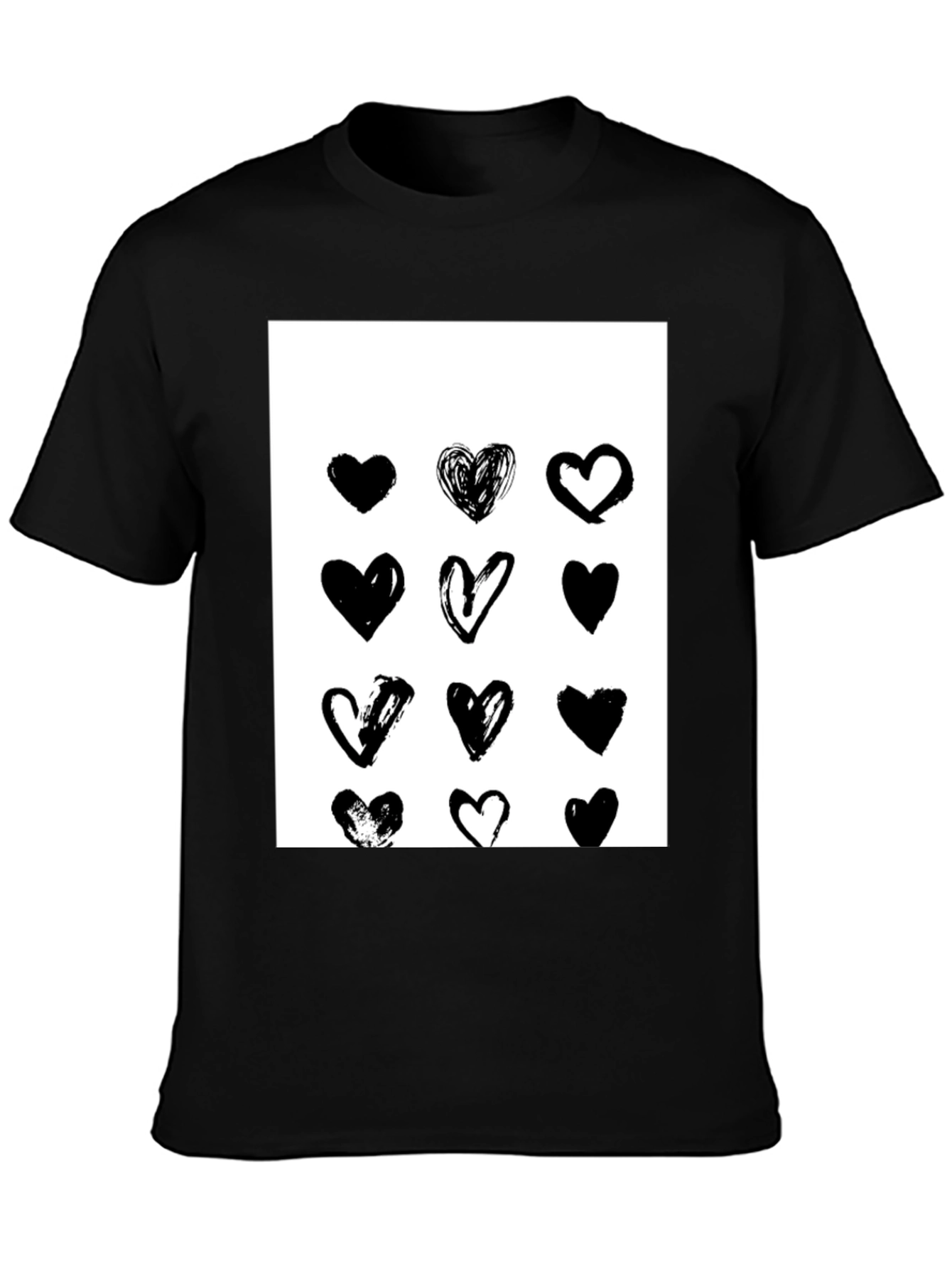 Heart Print Black Crew Neck T-Shirt