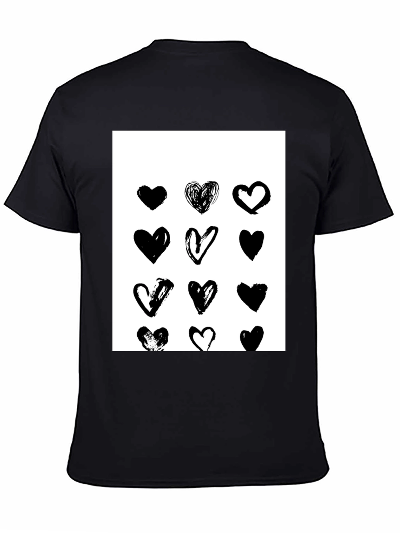 Heart Print Black Crew Neck T-Shirt