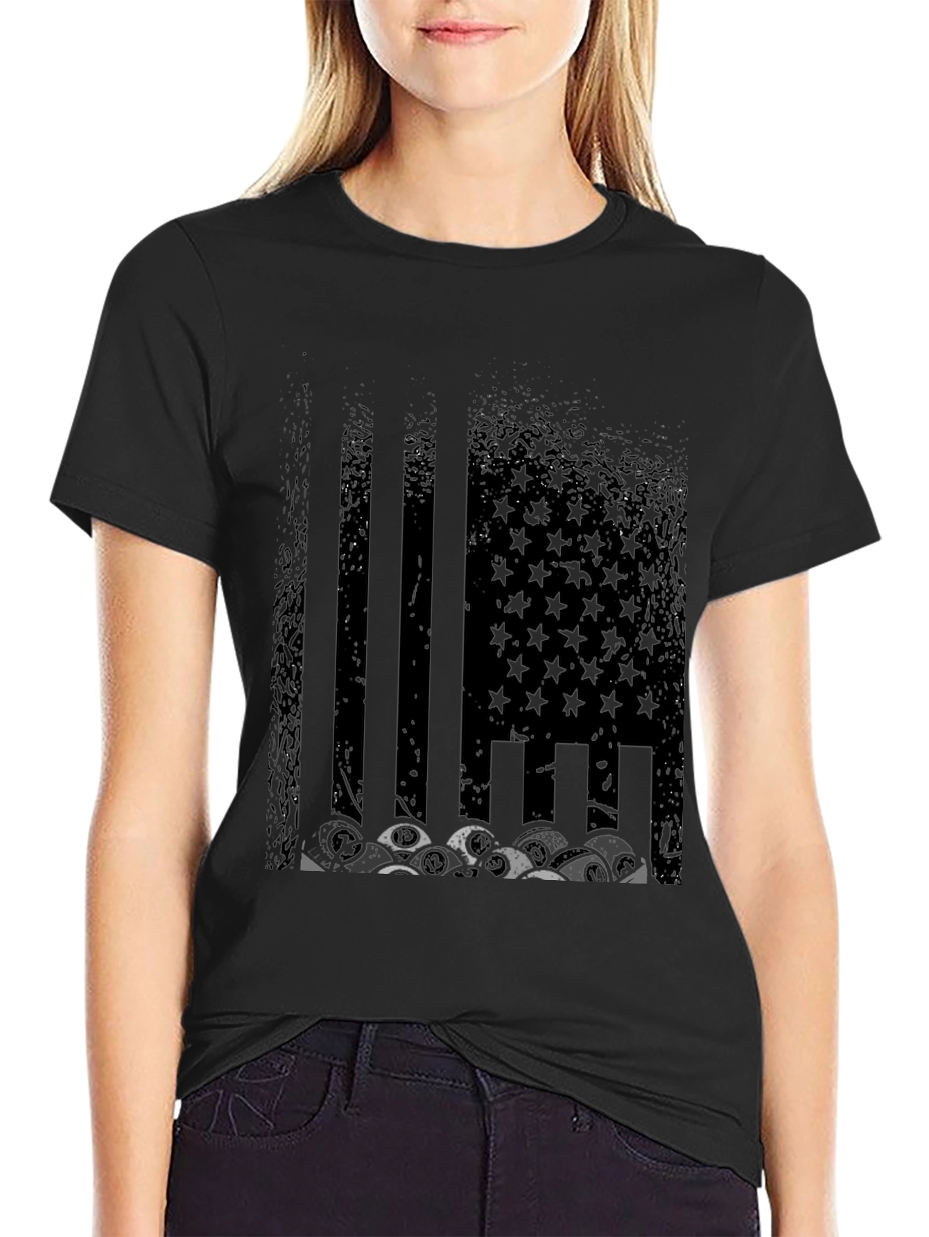Distressed US Flag Skull Graphic T-Shirt