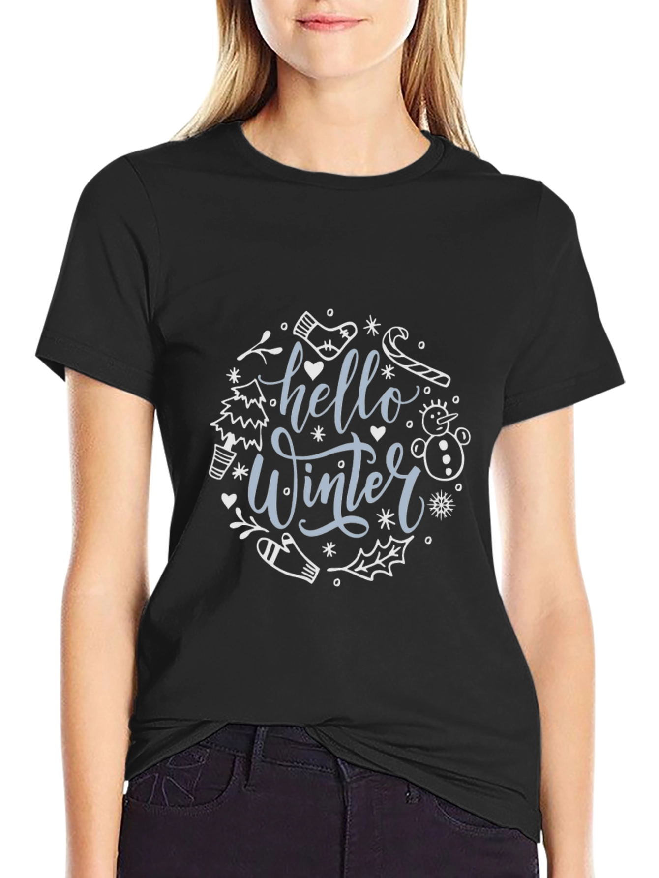 Hello Winter Graphic Tee - Black Cotton Blend