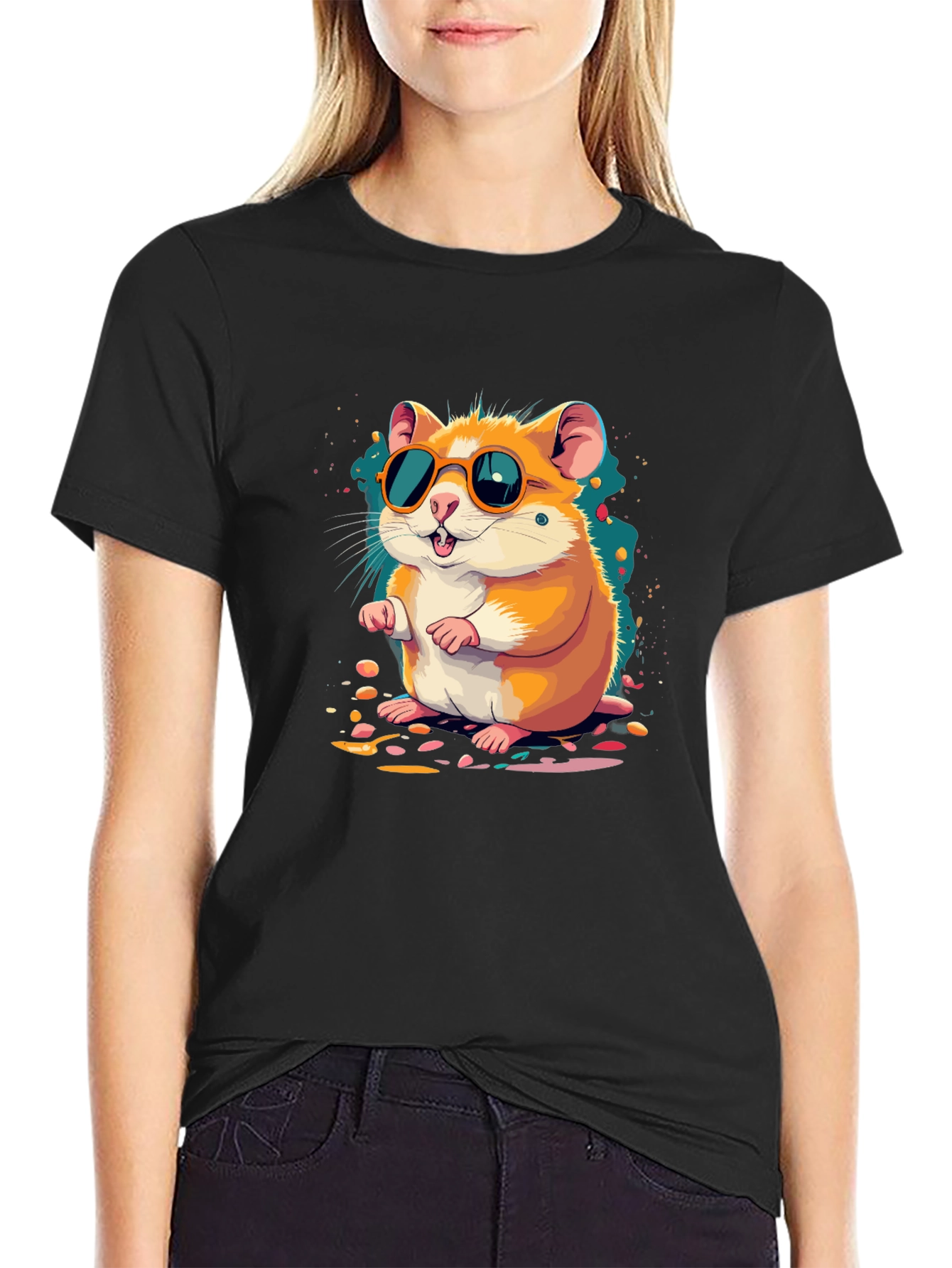 Hamster with Sunglasses Black T-Shirt
