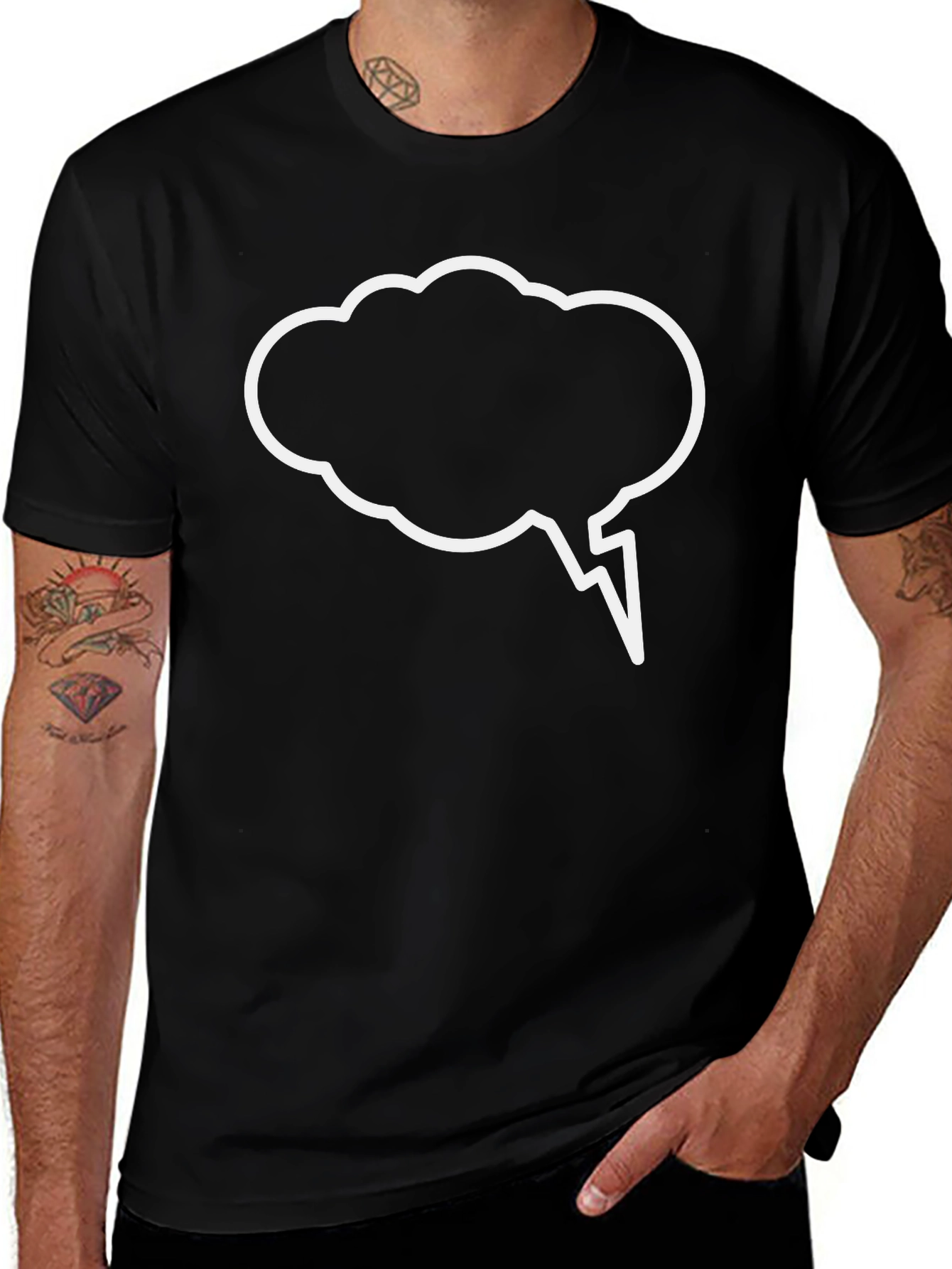 Black T-Shirt with White Cloud Speech Bubble Design