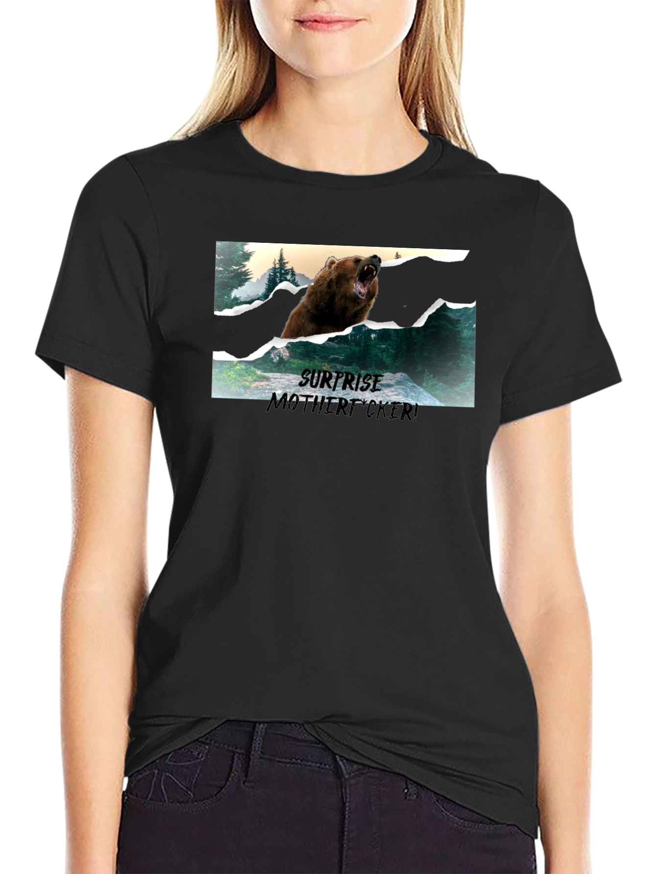 Surprise Bear Graphic Tee - Black Cotton Blend