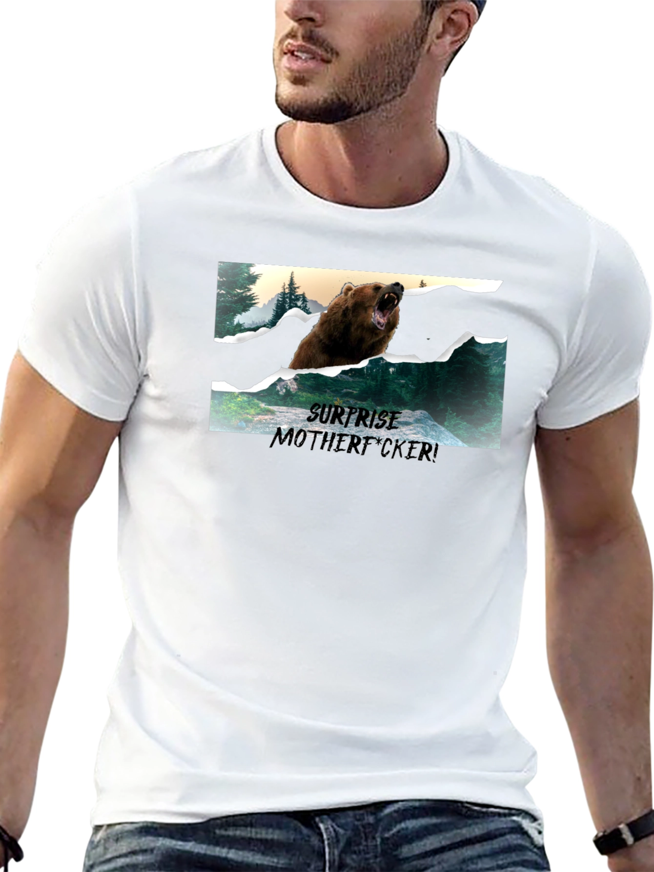 Surprise Bear Graphic Tee - Black Cotton Blend