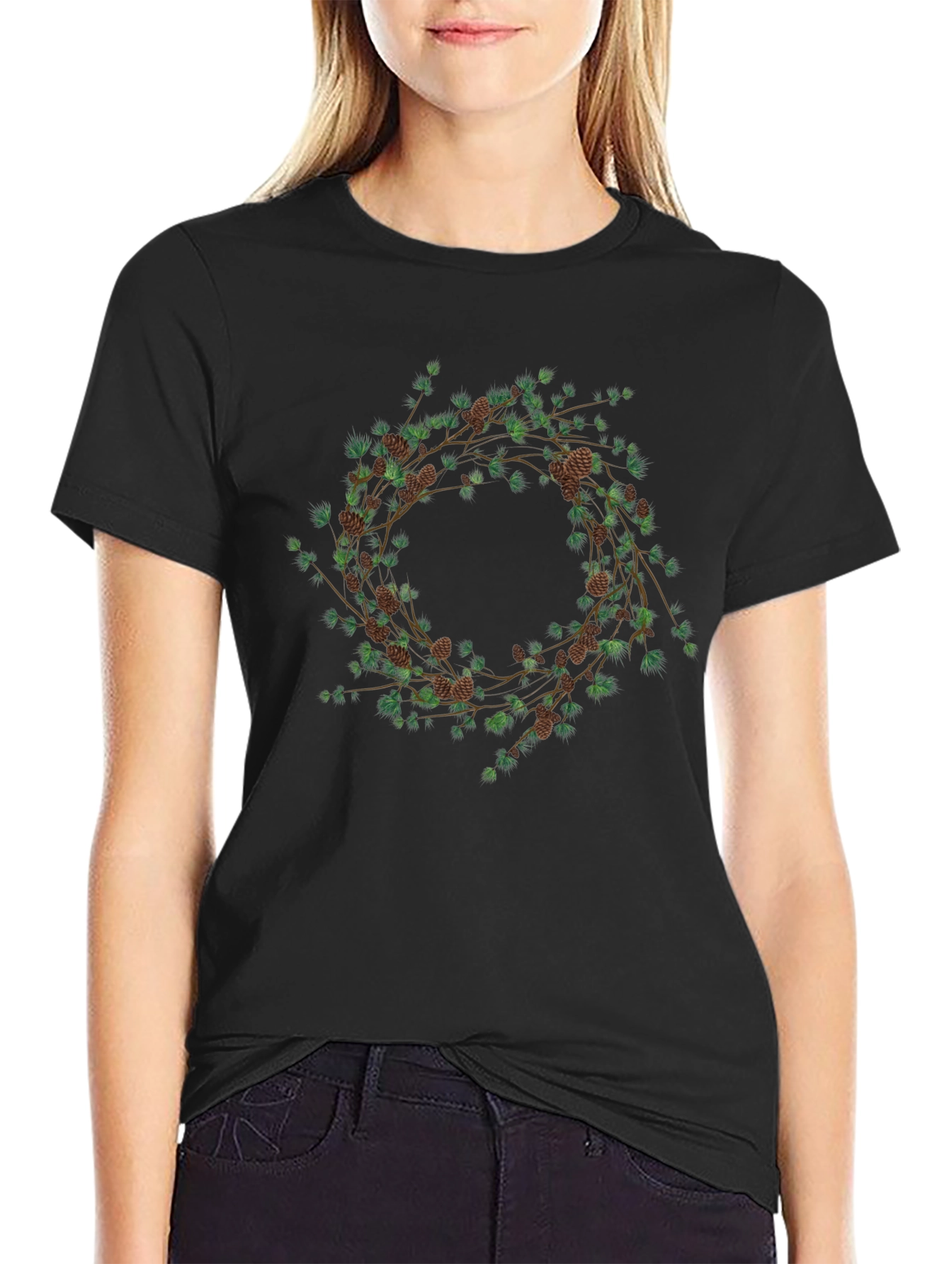 Nature Wreath Graphic T-Shirt - Black Cotton Tee