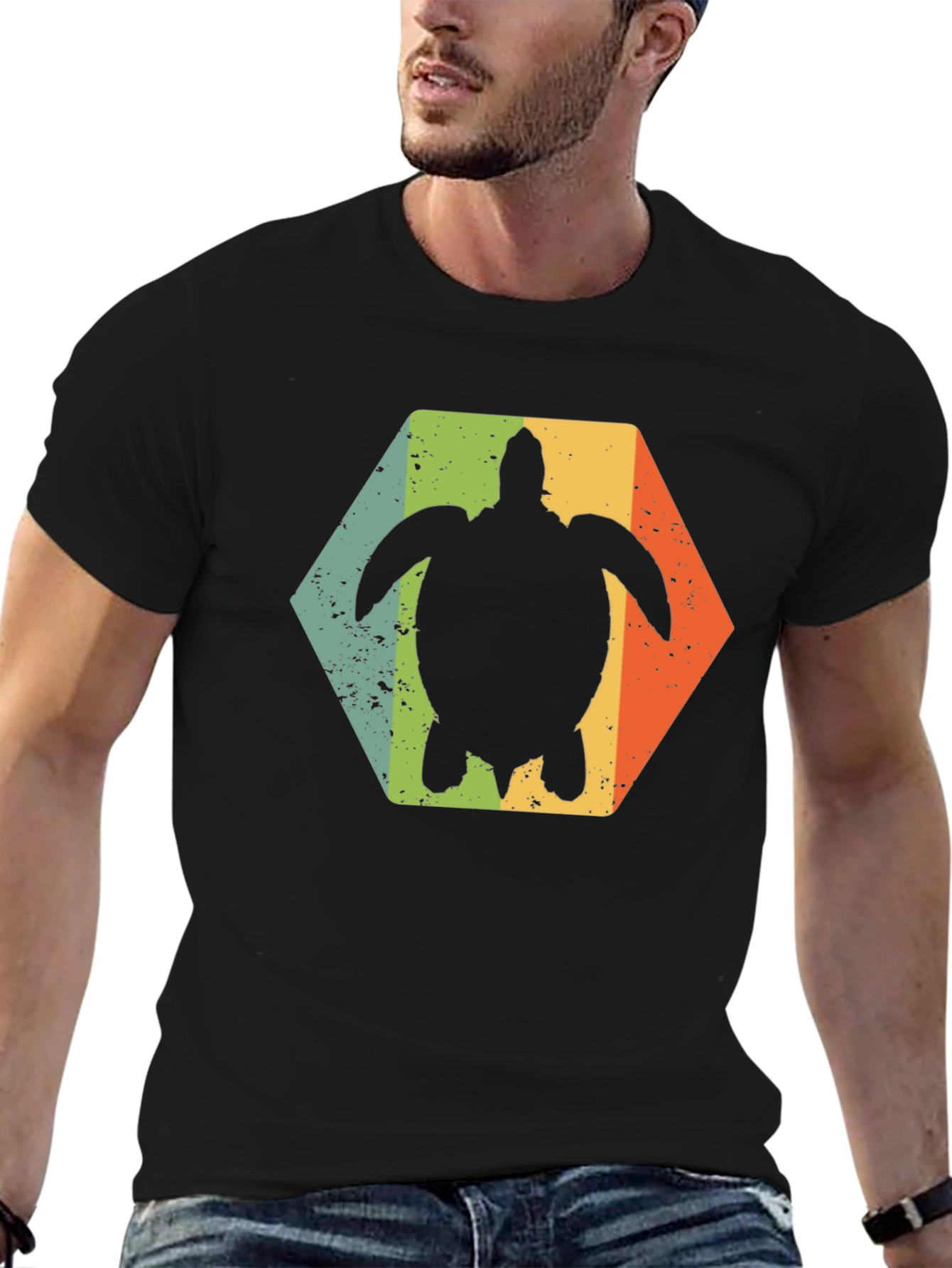 Retro Turtle Hexagon Black T-Shirt