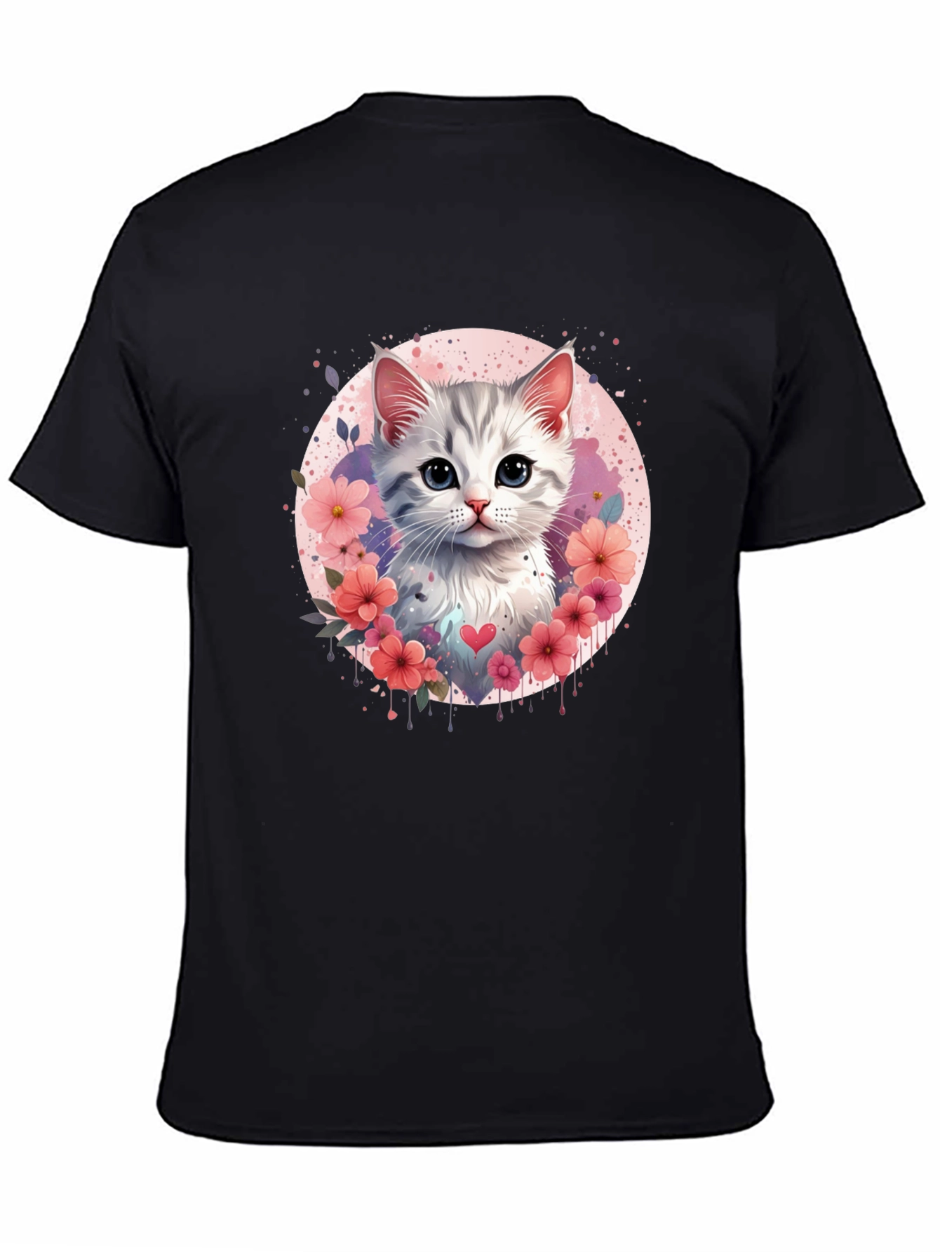 Cute Kitten Floral Heart T-Shirt - Black