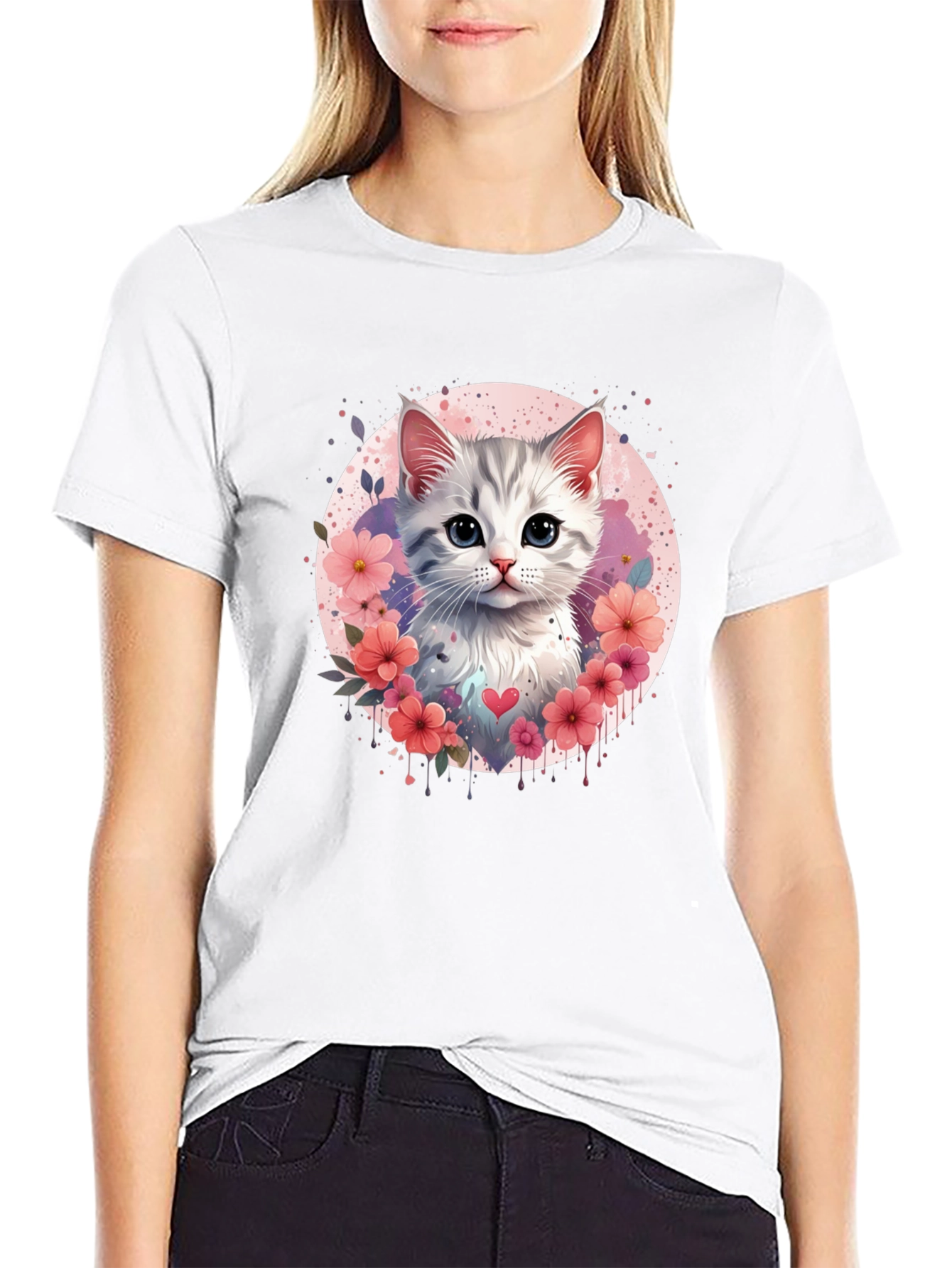 Cute Kitten Floral Heart T-Shirt - Black