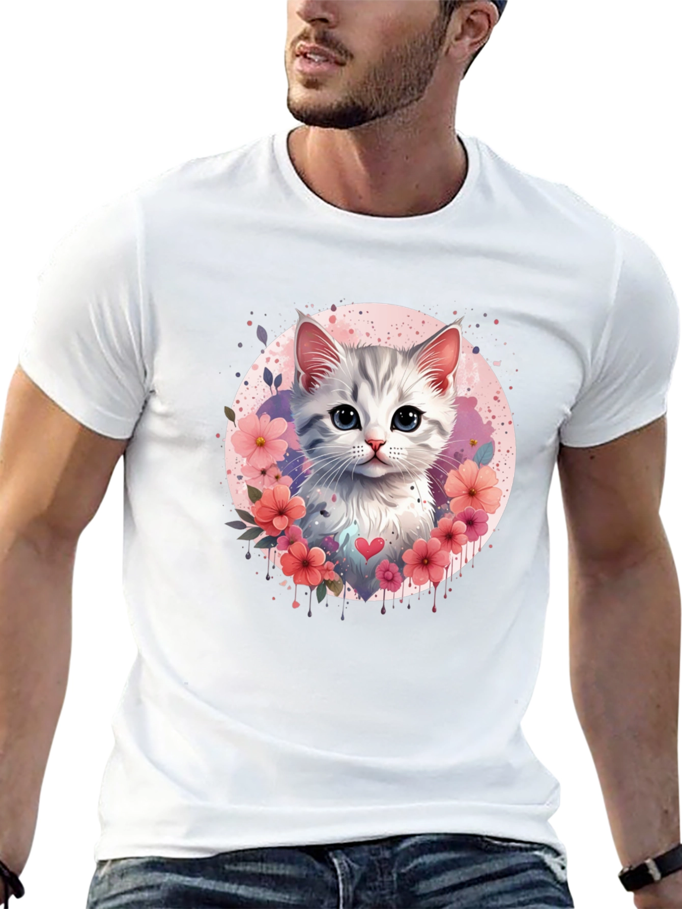 Cute Kitten Floral Heart T-Shirt - Black
