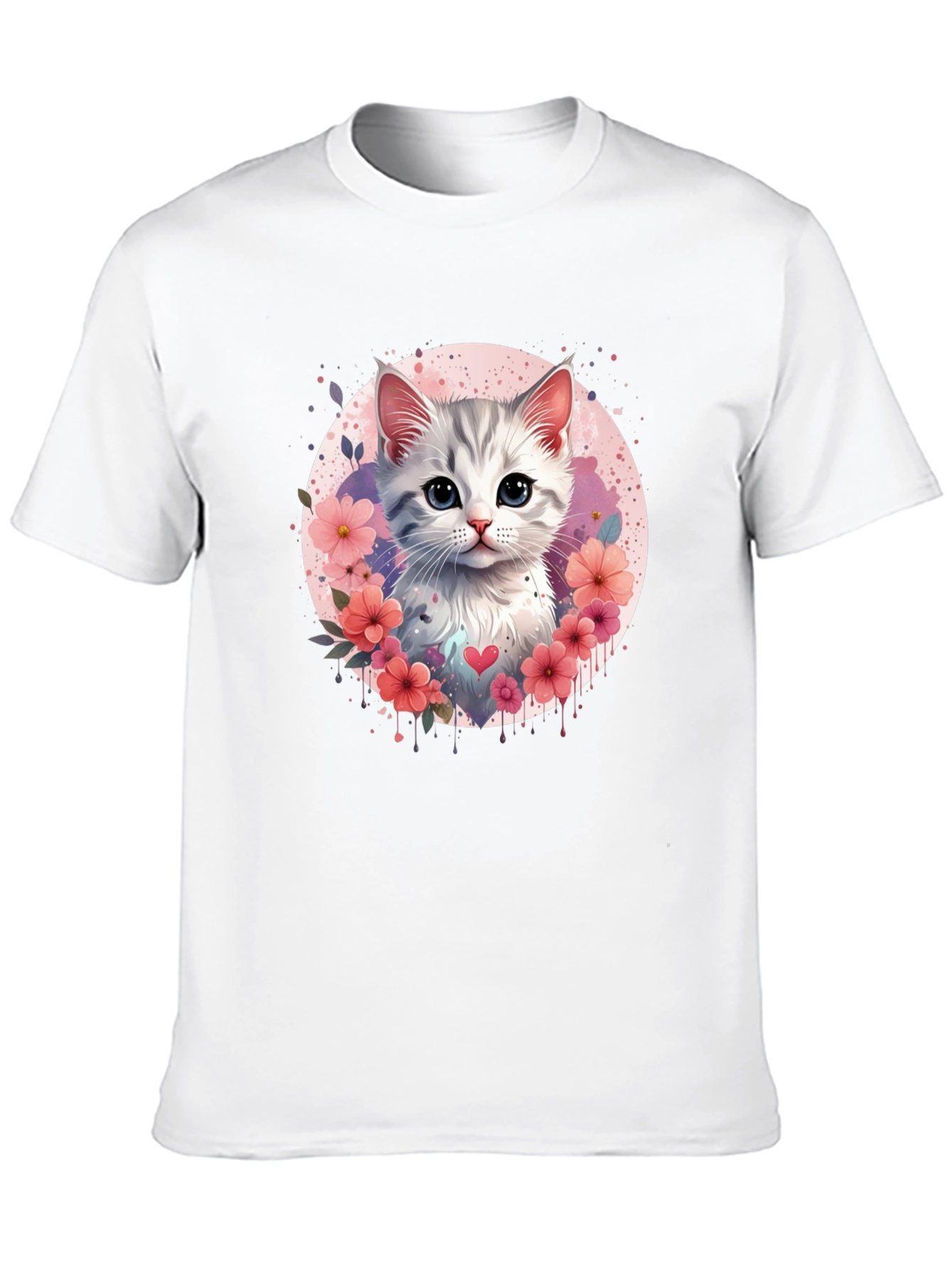 Cute Kitten Floral Heart T-Shirt - Black