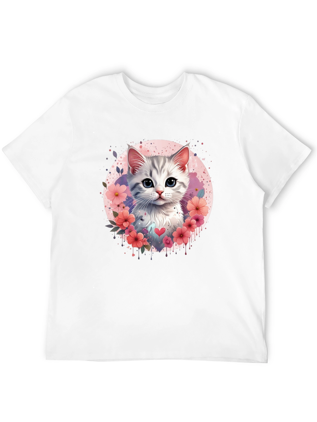 Cute Kitten Floral Heart T-Shirt - Black