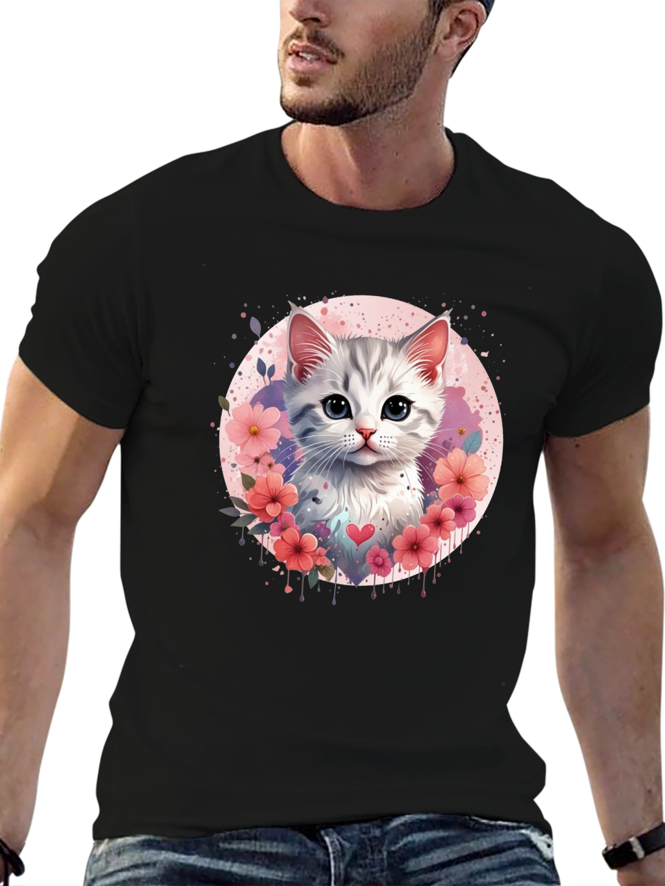 Cute Kitten Floral Heart T-Shirt - Black