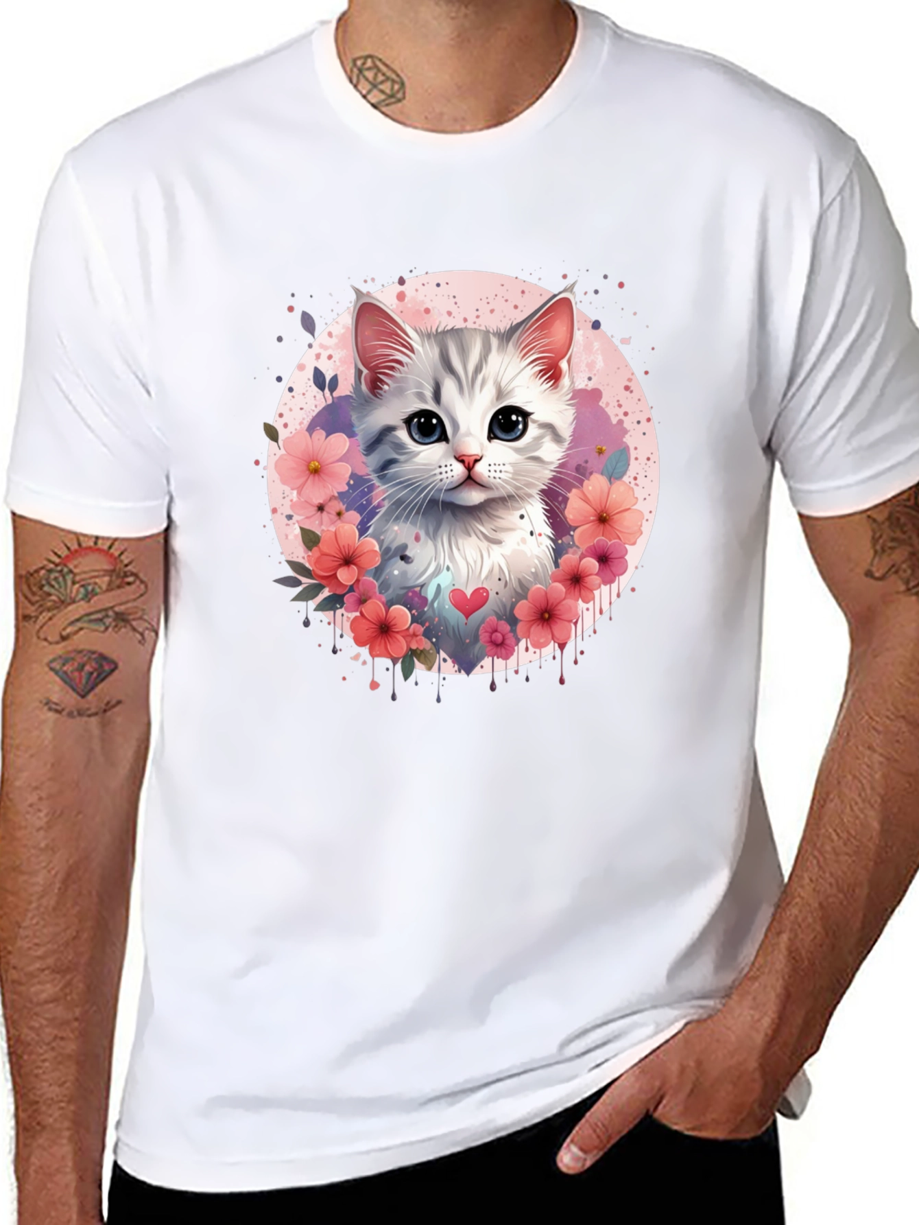 Cute Kitten Floral Heart T-Shirt - Black